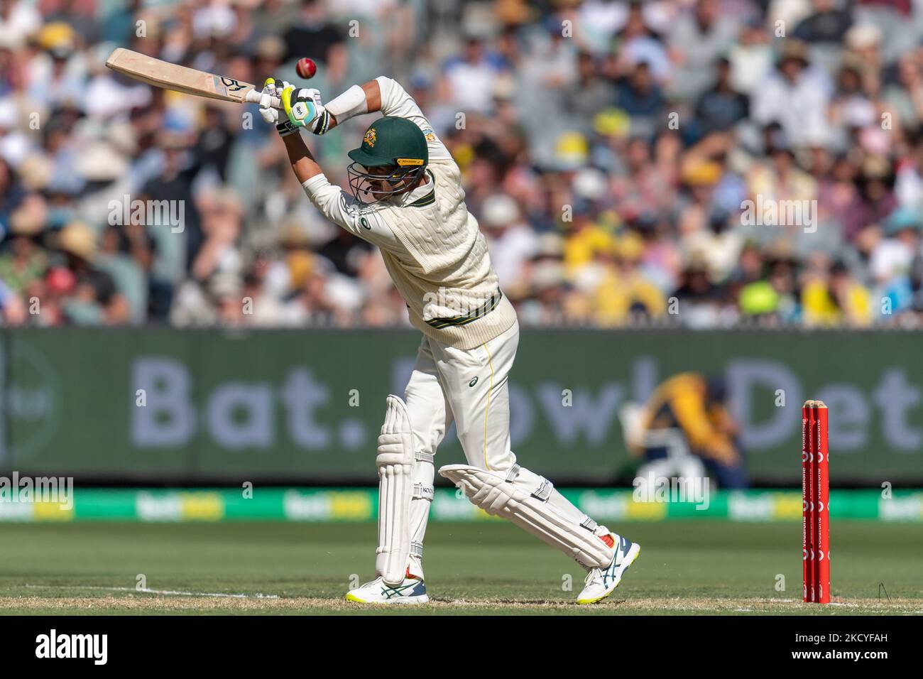 Mitchell Starc of Australia bats during day two of the Third Test match
