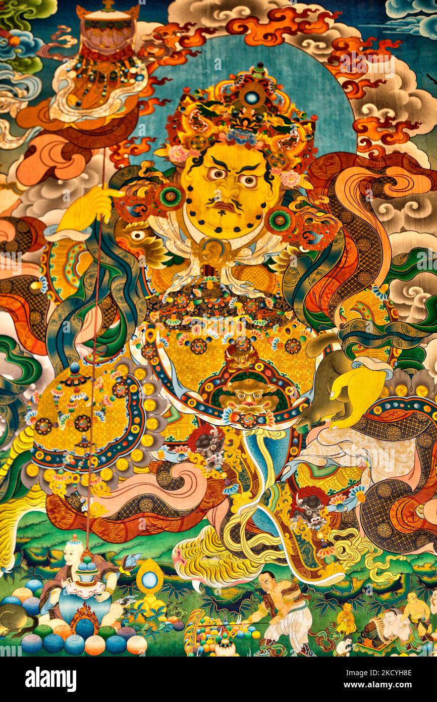 Detail of a Buddhist painting adorning the walls outside the main prayer hall at the Sheraling Buddhist Monastery in Battu, Himachal Pradesh, India, on July 03, 2010. (Photo by Creative Touch Imaging Ltd./NurPhoto) Stock Photo