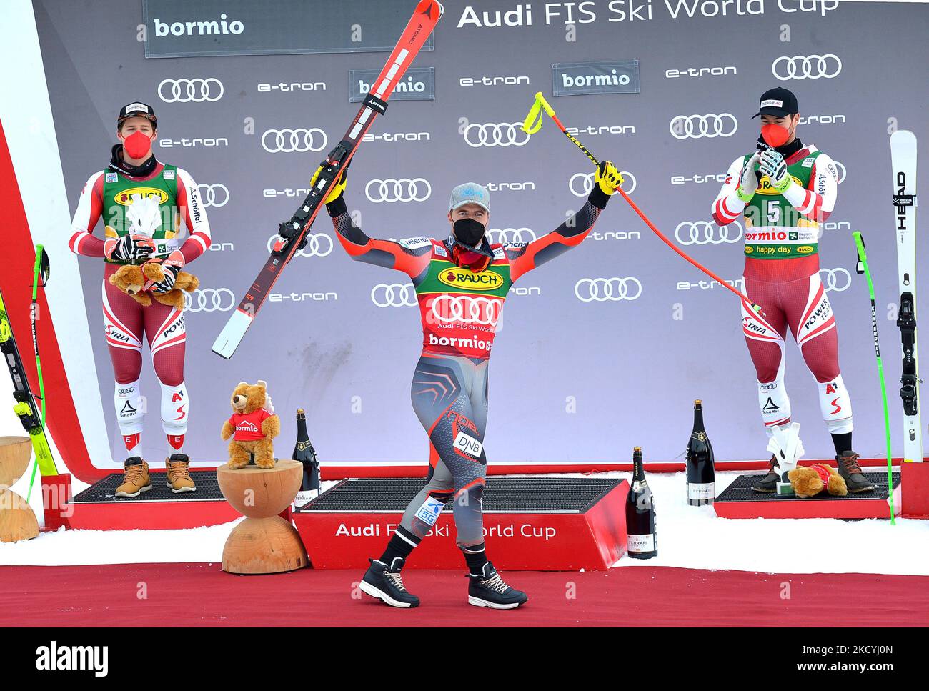 Podium winners during the alpine ski race 2021 FIS Ski World Cup Men