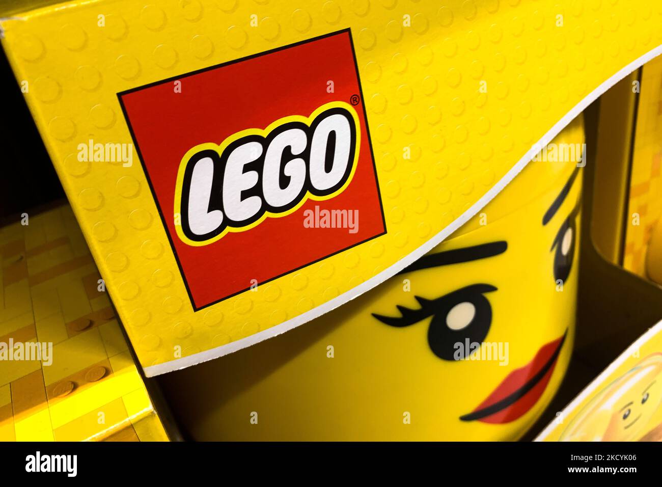 Lego logo is seen on a product at the store in Krakow, Poland on December  30, 2021. (Photo by Jakub Porzycki/NurPhoto Stock Photo - Alamy