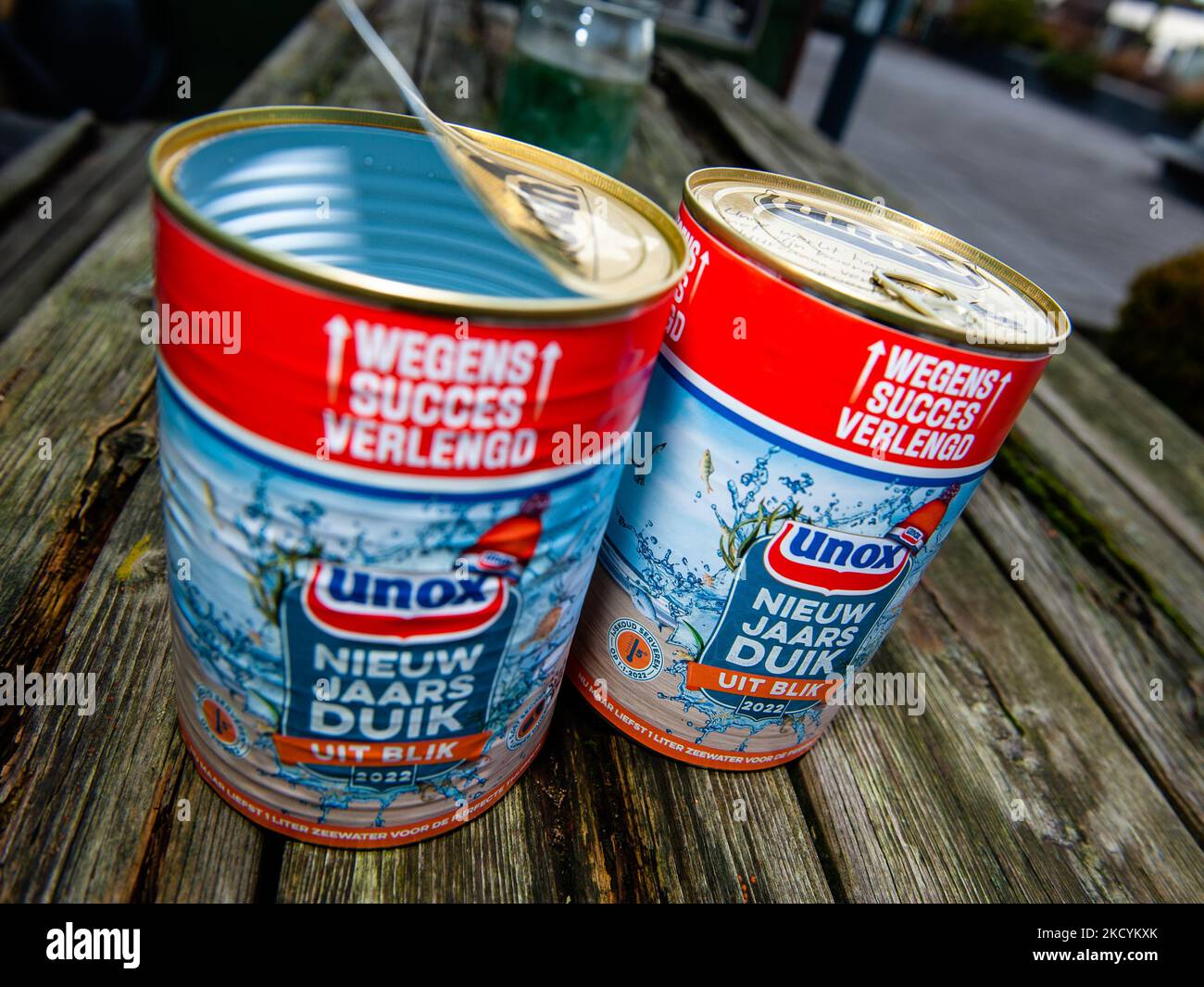 A view of the Unox cans filled with seawater to celebrate the traditional New Year's dive again at home because of the pandemic. In Nijmegen, on January 1st, 2021. (Photo by Romy Arroyo Fernandez/NurPhoto) Stock Photo