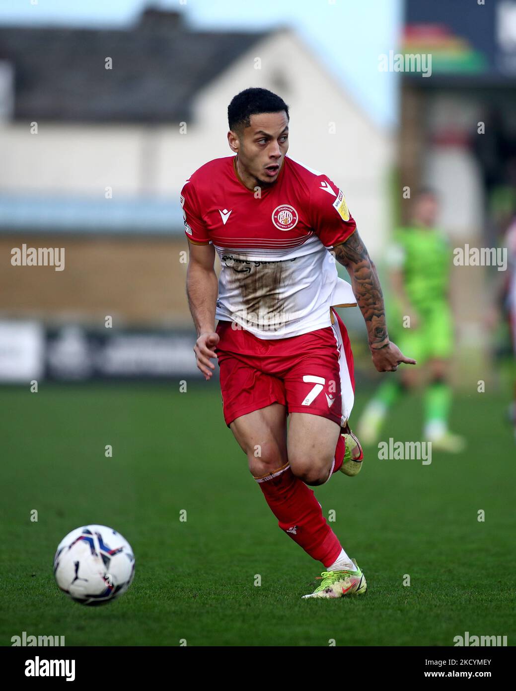 Elliott List of Stevenage pictured with the ball during the Sky Bet
