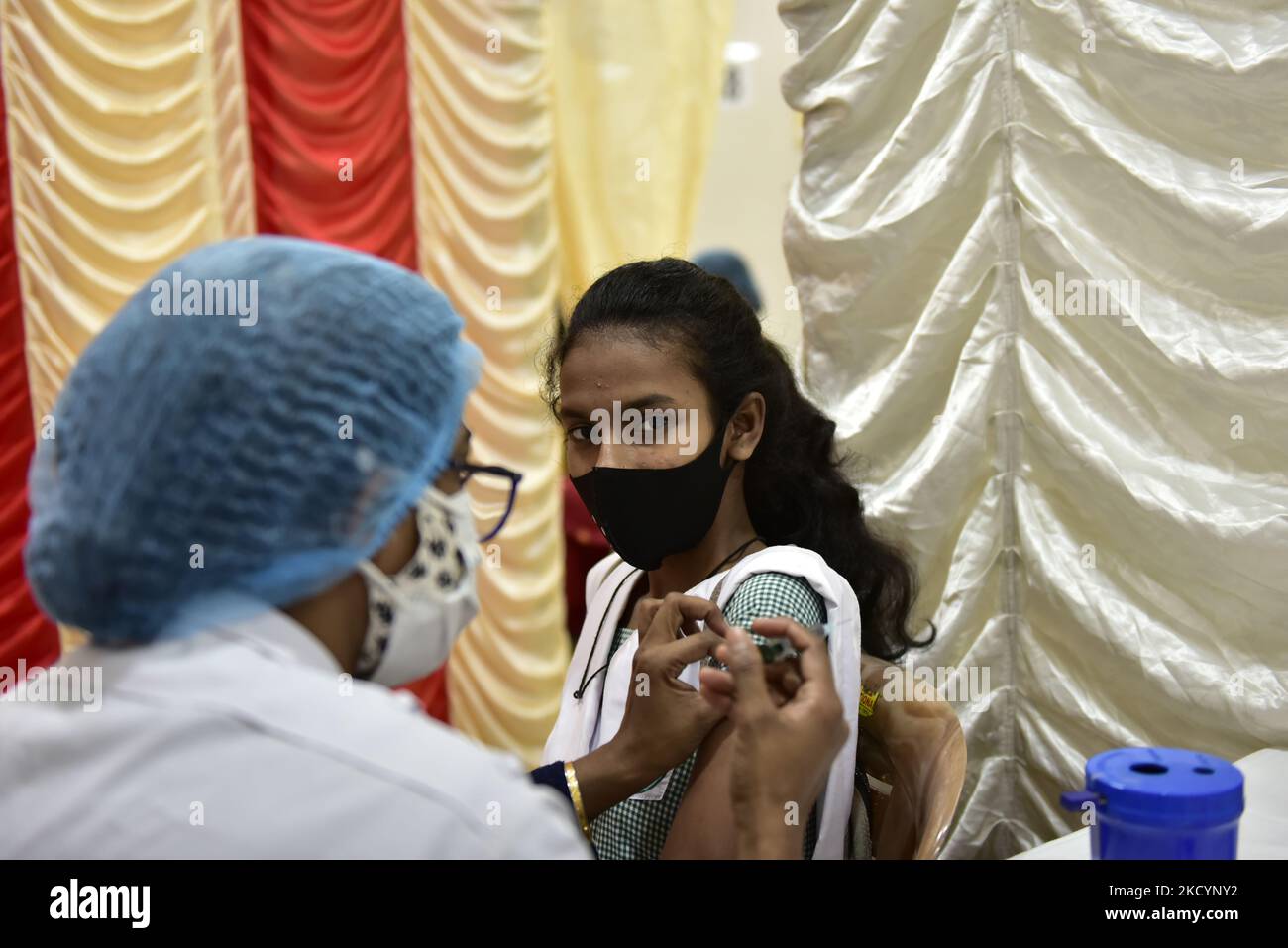 Coronavirus vaccination camp from 15 years to 18 years in a school compound as the spreading rate of coronavirus increases, Kolkata, India, 03 January, 2022. (Photo by Indranil Aditya/NurPhoto) Stock Photo