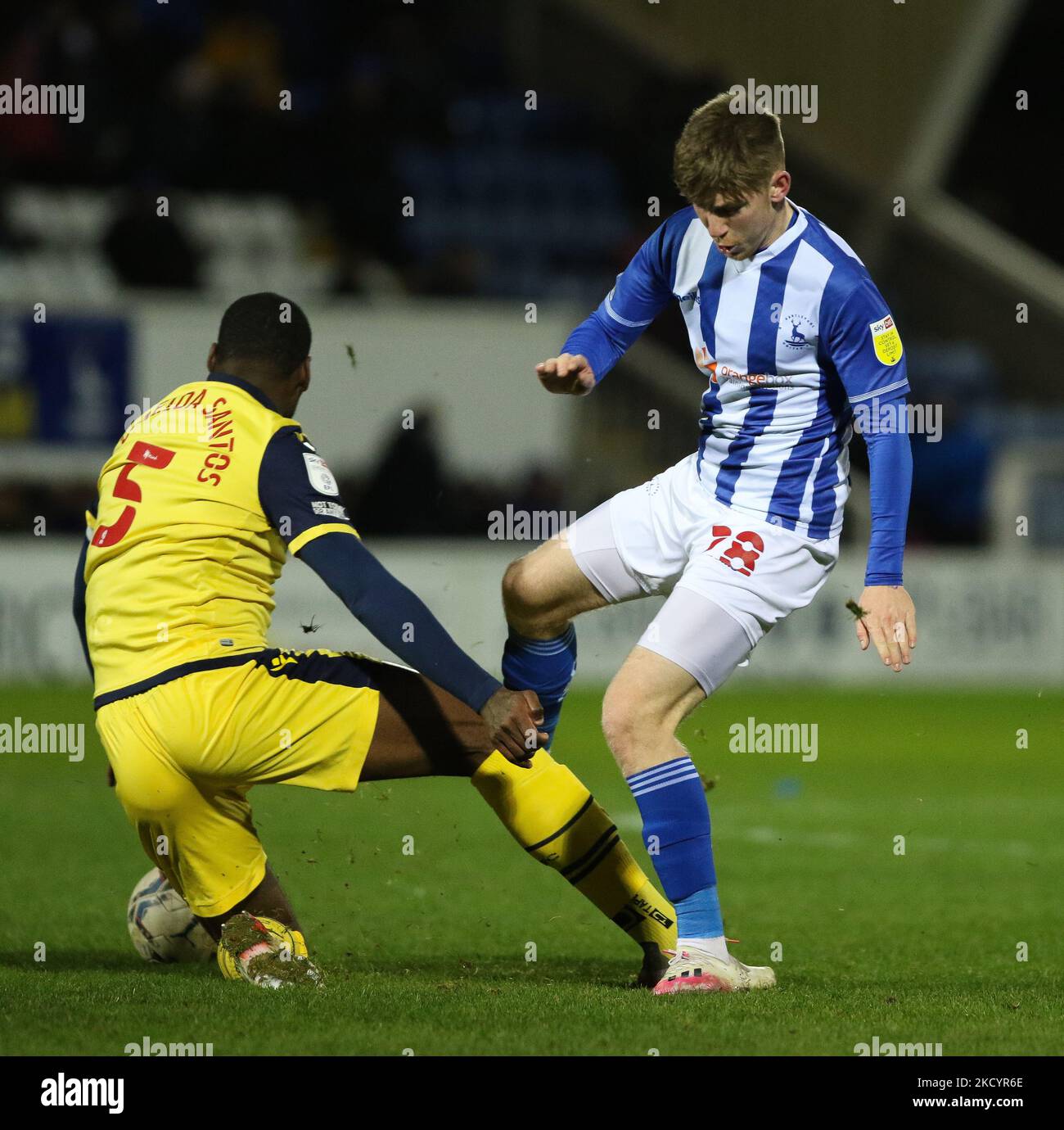 Matty Daly of Hartlepool United and Ricardo Alexandre Almeida Santos of Bolton Wanderers in action during the EFL Trophy 3rd round match between Hartlepool United and Bolton Wanderers at Victoria Park, Hartlepool on Tuesday 4th January 2022. (Photo by Will Matthews/MI News/NurPhoto) Stock Photo