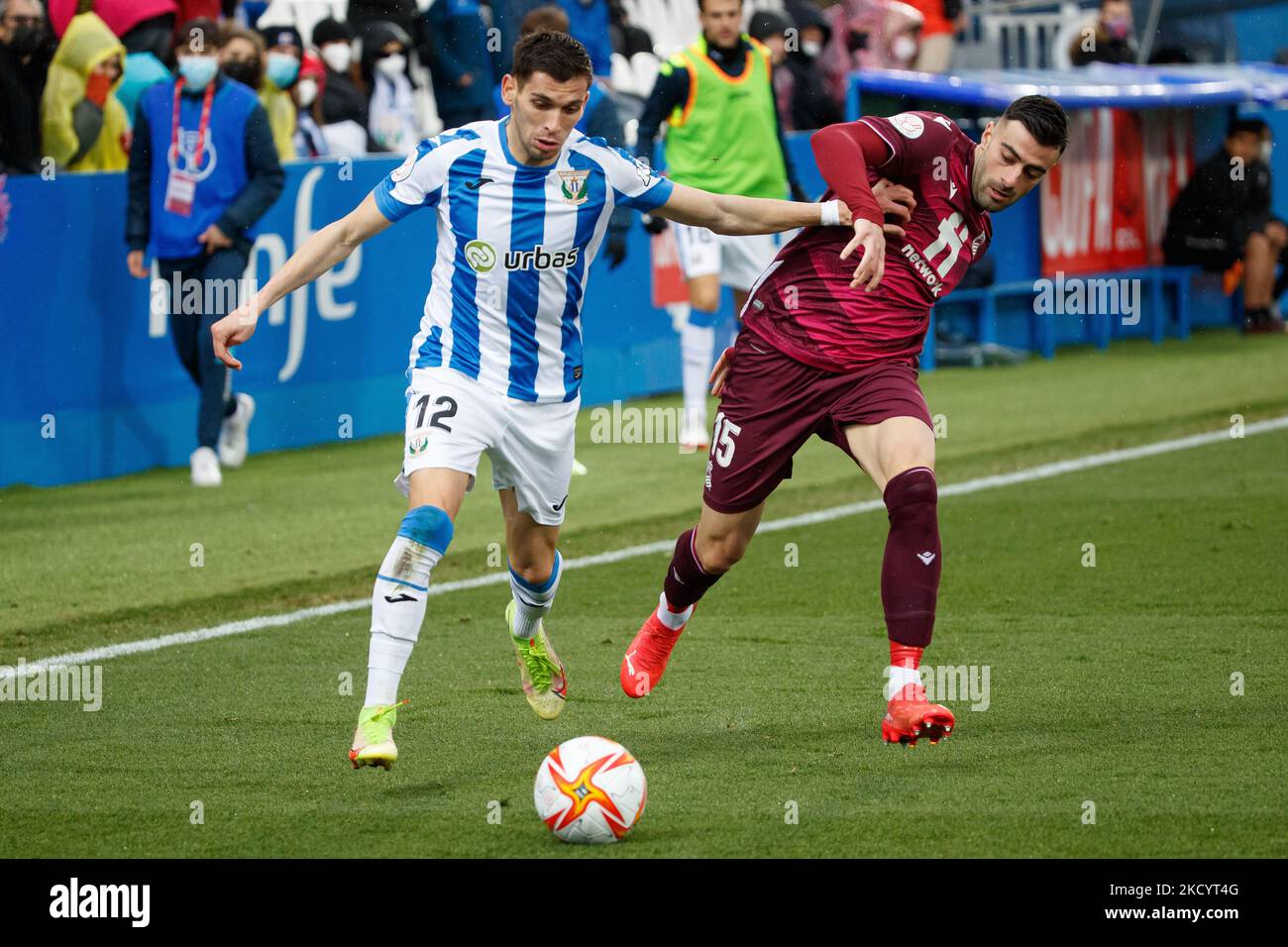 Lazar Randjelovic of CD Leganes in action with Diego Rico of Real Sociedad during the La Copa del Rey third round match between CD Leganes and Real Sociedad at Butarque Stadium in Madrid, Spain. (Photo by DAX Images/NurPhoto) Stock Photo