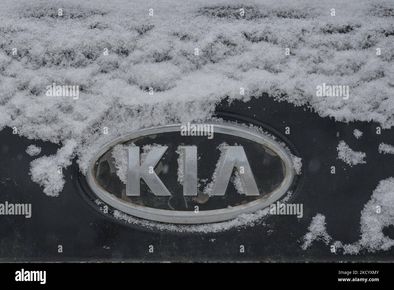 KIA logo seen on a KIA car covered with snow in downtown Edmonton. On Friday, January 7, 2022, in Edmonton, Alberta, Canada. (Photo by Artur Widak/NurPhoto) Stock Photo
