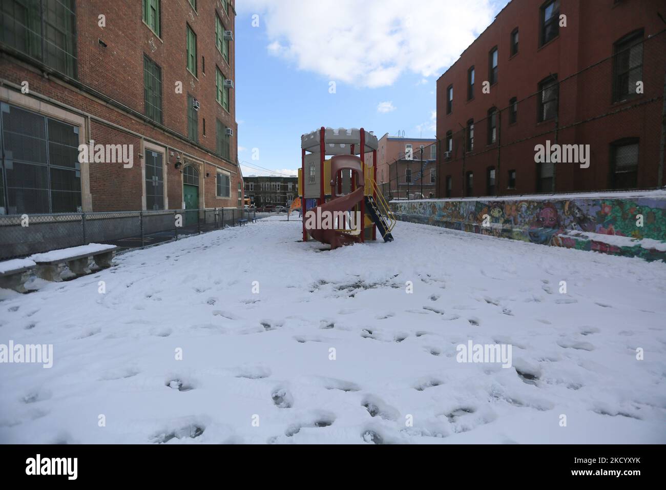 Back yard of school covered by the snow in Astoria Queens, NYC on