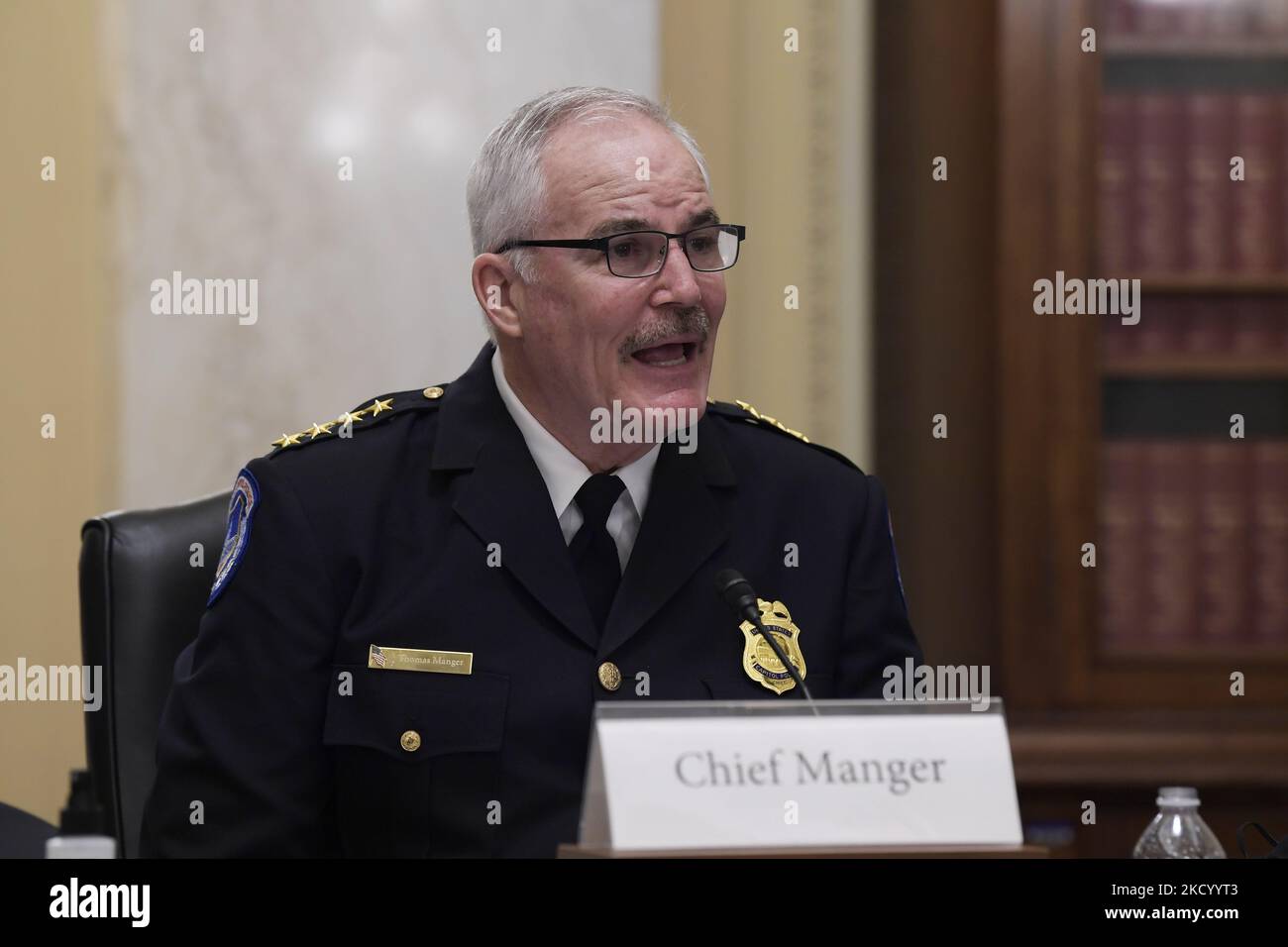 US Capitol Police Chief Thomas Manger testifies before a Senate Rules and Administration Committee during a hearing about Oversight of the US Capitol Police following the January 6th Attack on the Capitol today on January 05, 2021 at Russell Senate/Capitol Hill in Washington DC, USA. (Photo by Lenin Nolly/NurPhoto) Stock Photo