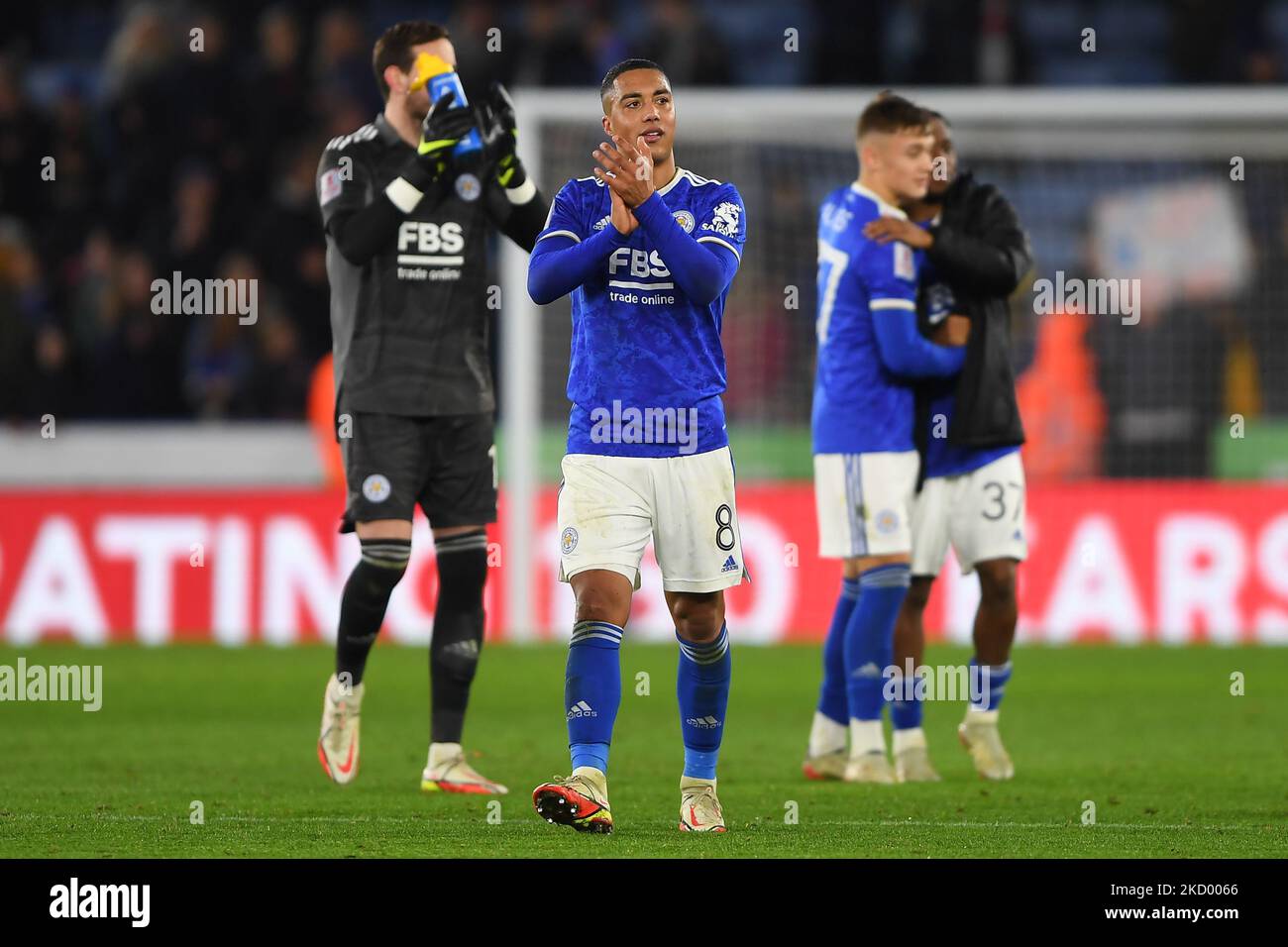 Youri Tielemans of Leicester City celebrates victory during the FA Cup Third Round match between Leicester City and Watford at the King Power Stadium, Leicester on Saturday 8th January 2022. (Photo by Jon Hobley/MI News/NurPhoto) Stock Photo