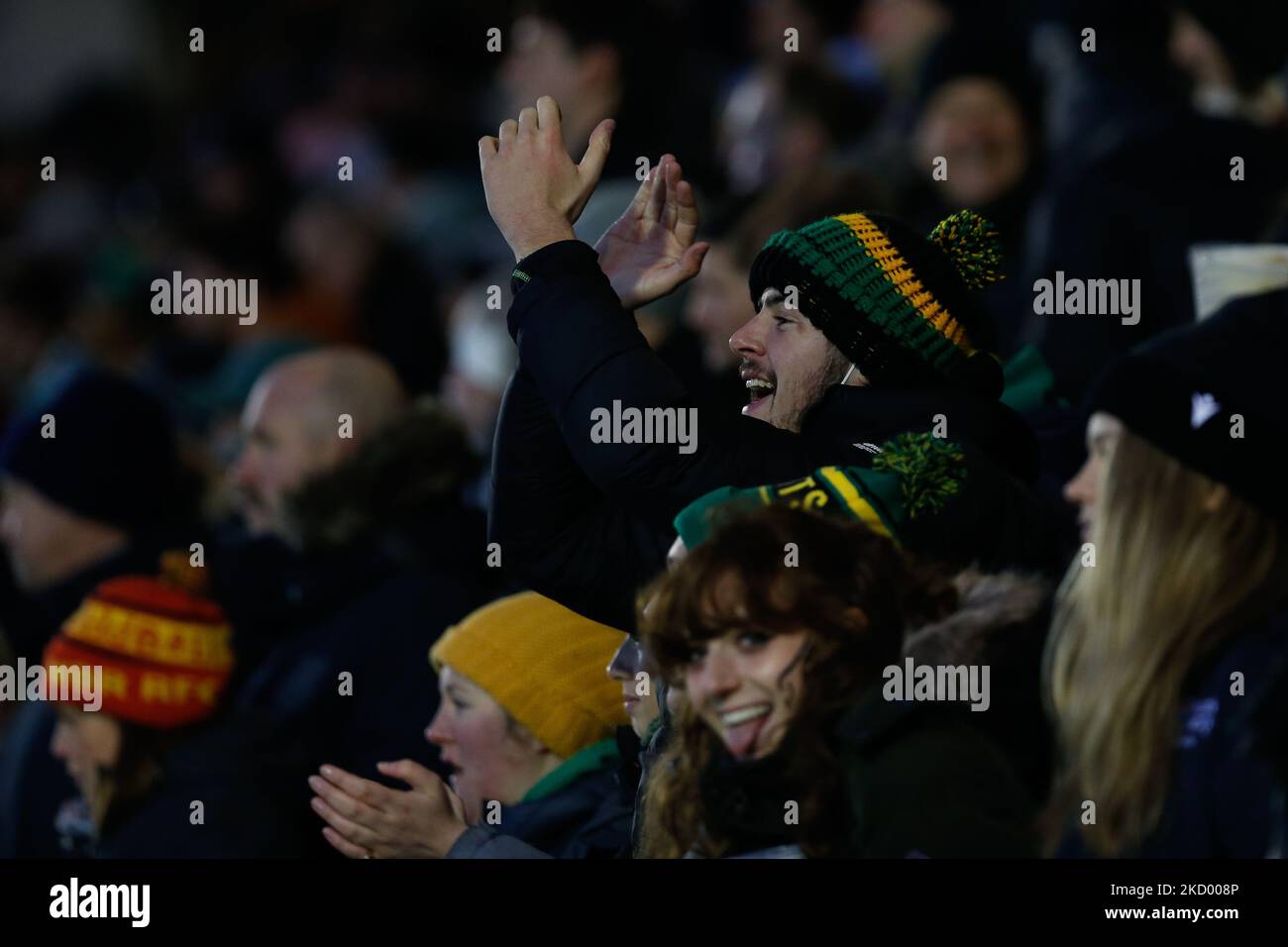 Saints supporters celebrate another try during the Gallagher Premiership match between Newcastle Falcons and Northampton Saints at Kingston Park, Newcastle on Saturday 8th January 2022. (Photo by Chris Lishman/MI News/NurPhoto) Stock Photo