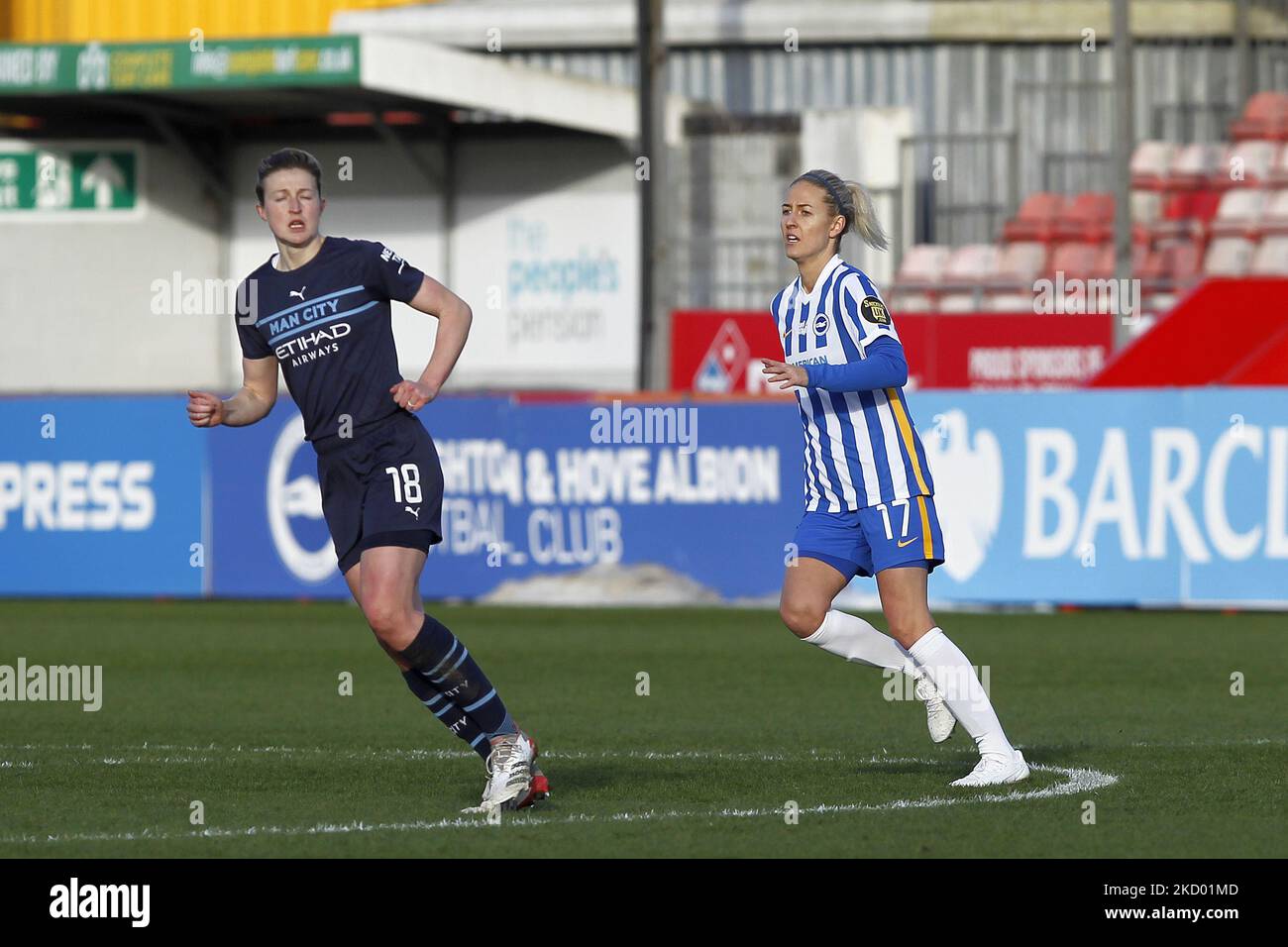 Emma Kullberg of Brighton & Hove Albion Women in action during Barclays FA Woman Super League between Brighton and Hove Albion and Manchester United at The People's Pension Stadium, Crawly on 12th December, 2021 (Photo by Action Foto Sport/NurPhoto) Stock Photo