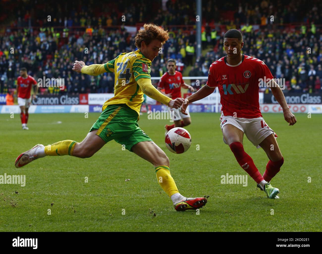 L-R Josh Sargent of Norwich City and Mason Burstow of Charlton Atheltic during FA Cup Third Round Proper between Charlton Atheltic vs Norwich City at The ValleyStadium, London on 09th January 2022 (Photo by Action Foto Sport/NurPhoto) Stock Photo