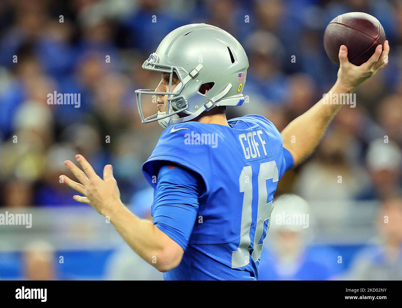 Detroit Lions quarterback Jared Goff (16) throws the ball during an NFL football game between the Detroit Lions and the Green Bay Packers in Detroit, Michigan USA, on Sunday, January 9, 2022. (Photo by Amy Lemus/NurPhoto) Stock Photo