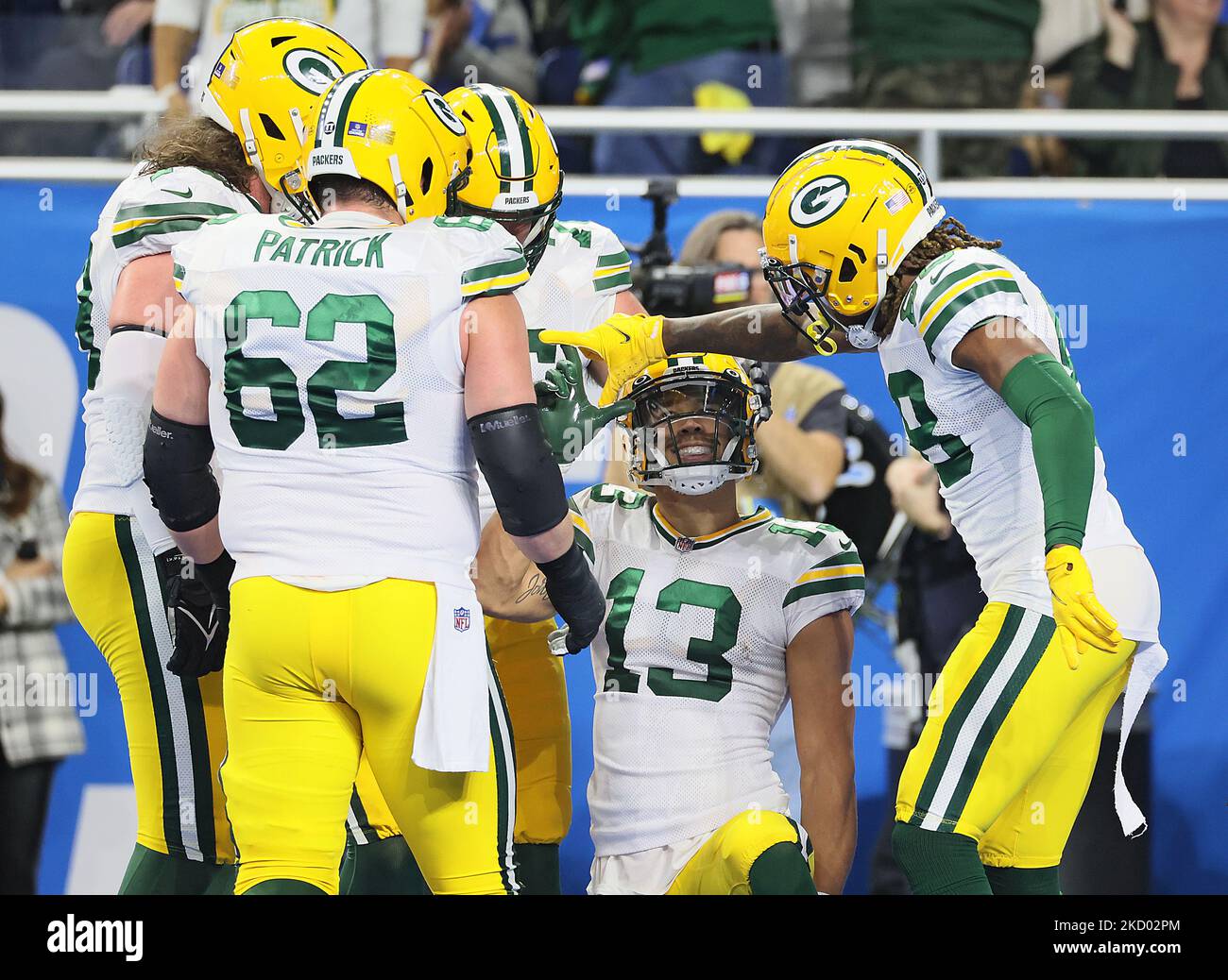 Green Bay Packers wide receiver Allen Lazard (13) celebrates his