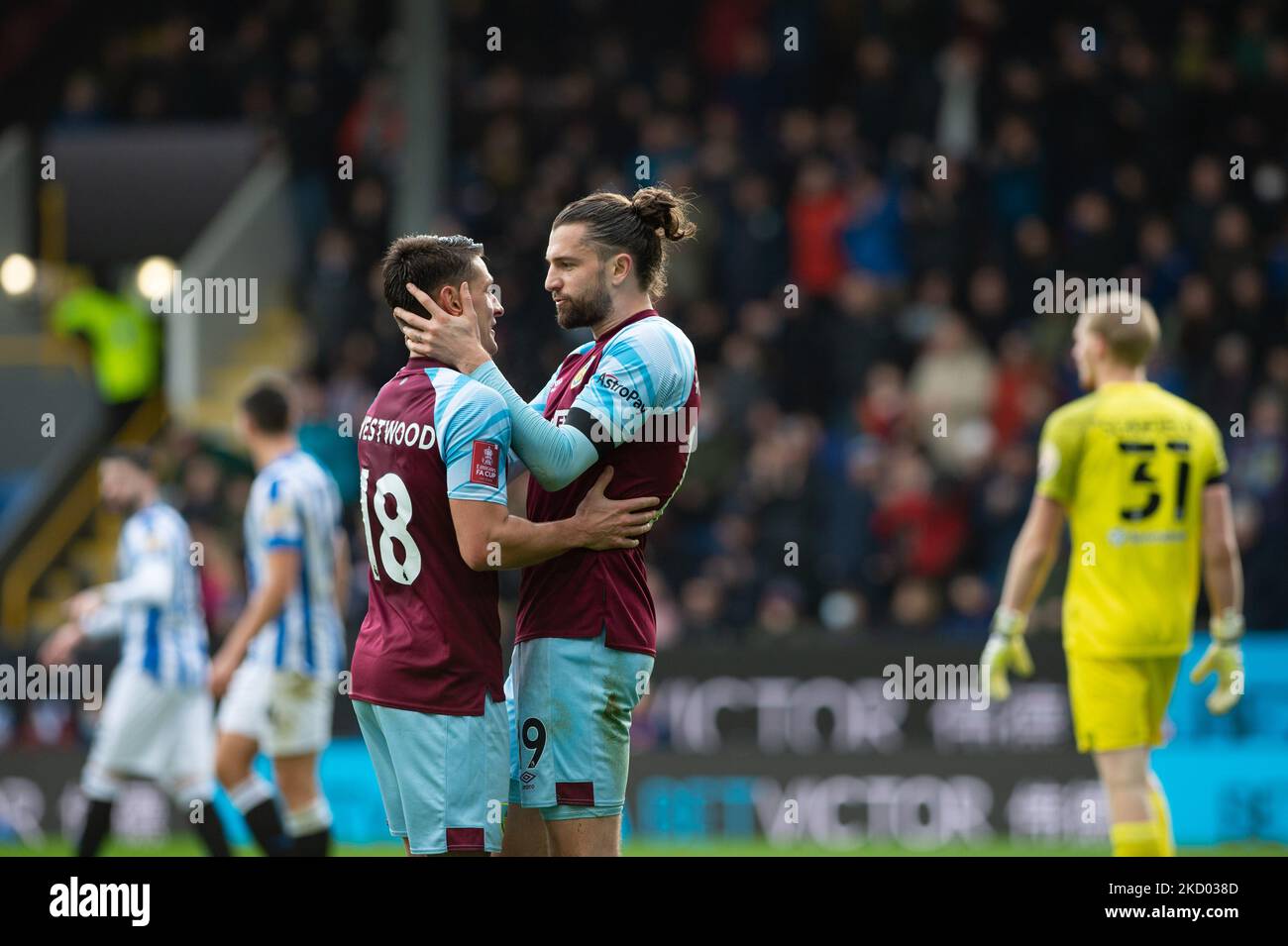 Jay Rodriguez of Burnley celebrates scoring his team's first goal with Ashley Westwood of Burnley during the FA Cup match between Burnley and Huddersfield Town at Turf Moor, Burnley, on Saturday 8th January 2022. (Photo by Pat Scaasi/MI News/NurPhoto) Stock Photo