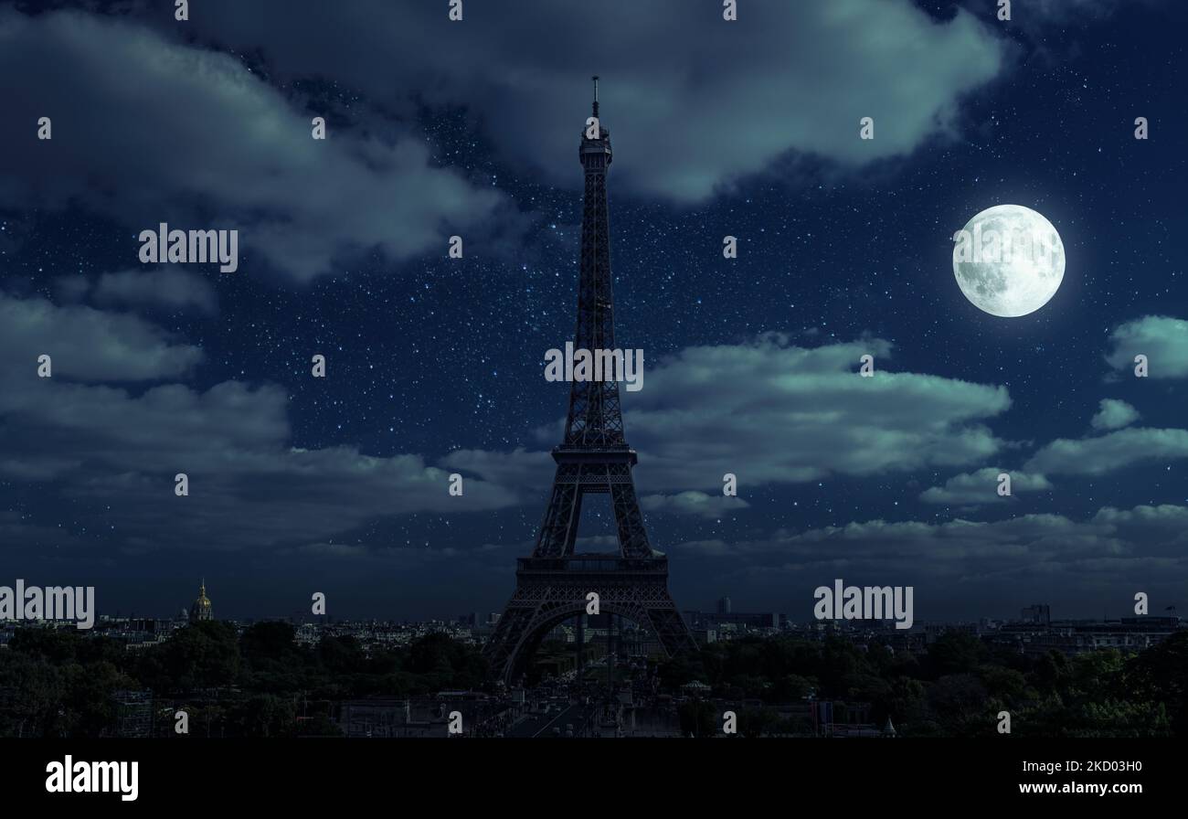 Paris at night during energy crisis, France. Full blackout of city due