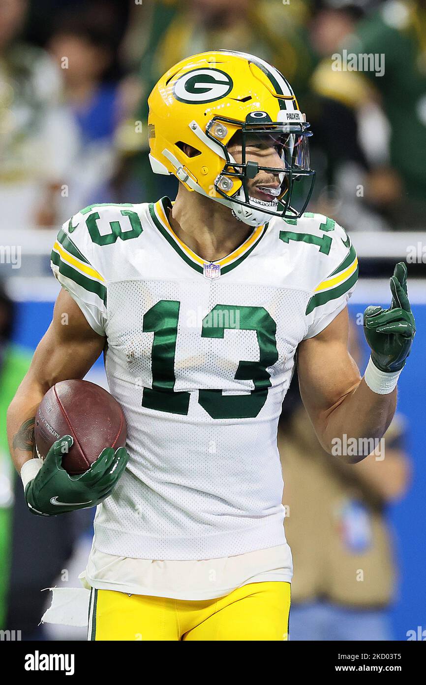 Green Bay Packers wide receiver Allen Lazard (13) talks with Green Bay