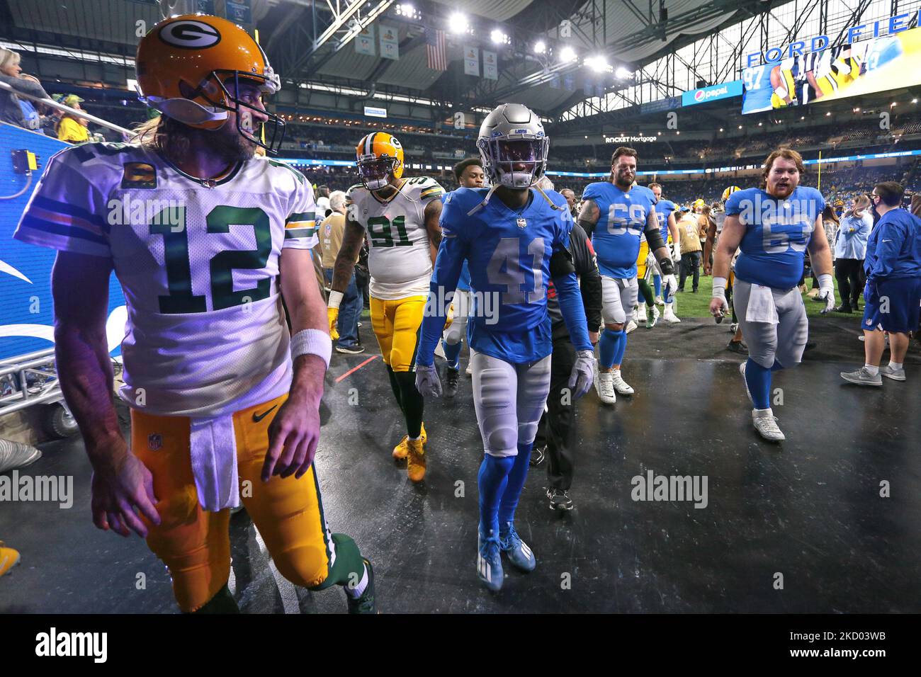 Green Bay Packers quarterback Aaron Rodgers (12) heads up to the tunnel after warmups during an NFL football game against the Detroit Lions in Detroit, Michigan USA, on Sunday, December 9, 2022. (Photo by Jorge Lemus/NurPhoto) Stock Photo