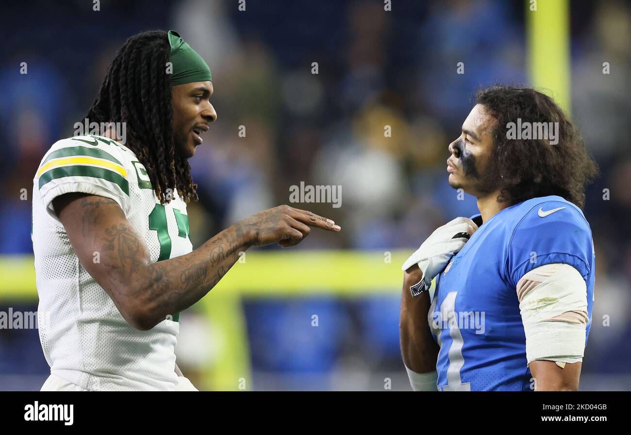 Green Bay Packers wide receiver Davante Adams (17) and Detroit Lions wide receiver Kalif Raymond (11) talk on the field at the conclusion of an NFL football game between the Detroit Lions and the Green Bay Packers in Detroit, Michigan USA, on Sunday, January 9, 2022. (Photo by Amy Lemus/NurPhoto) Stock Photo