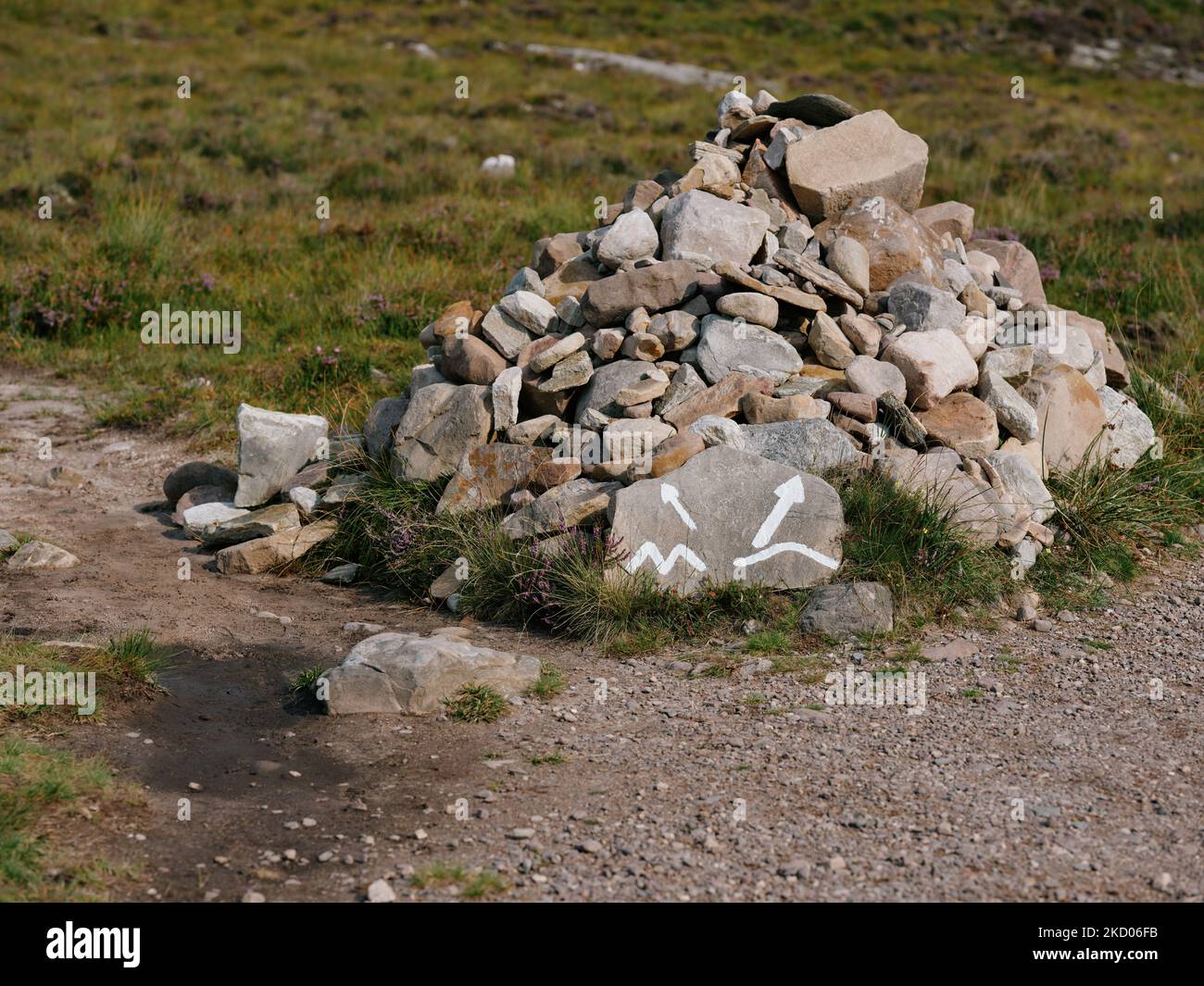 Making a choice between the hard or easy footpath route - mountainous or level path - decision life direction - life choices Stock Photo