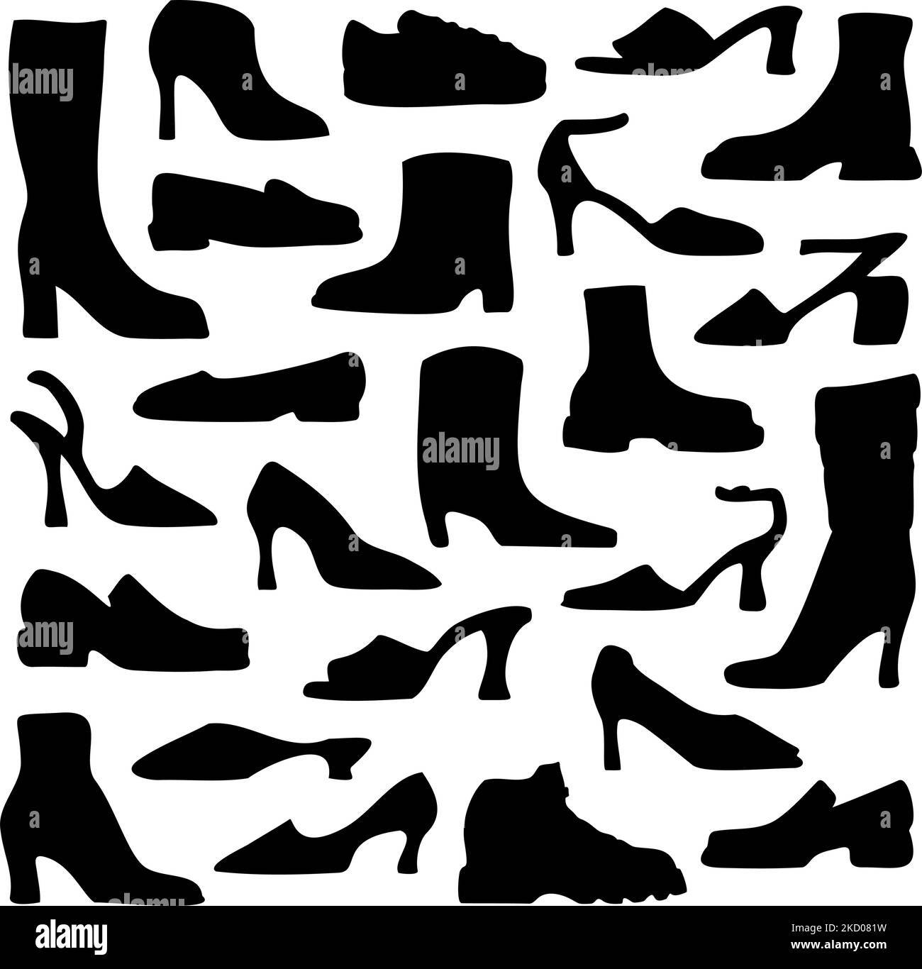 Vector illustration with collection of women's footwear. Set with silhouettes of ladies shoes. Stock Vector