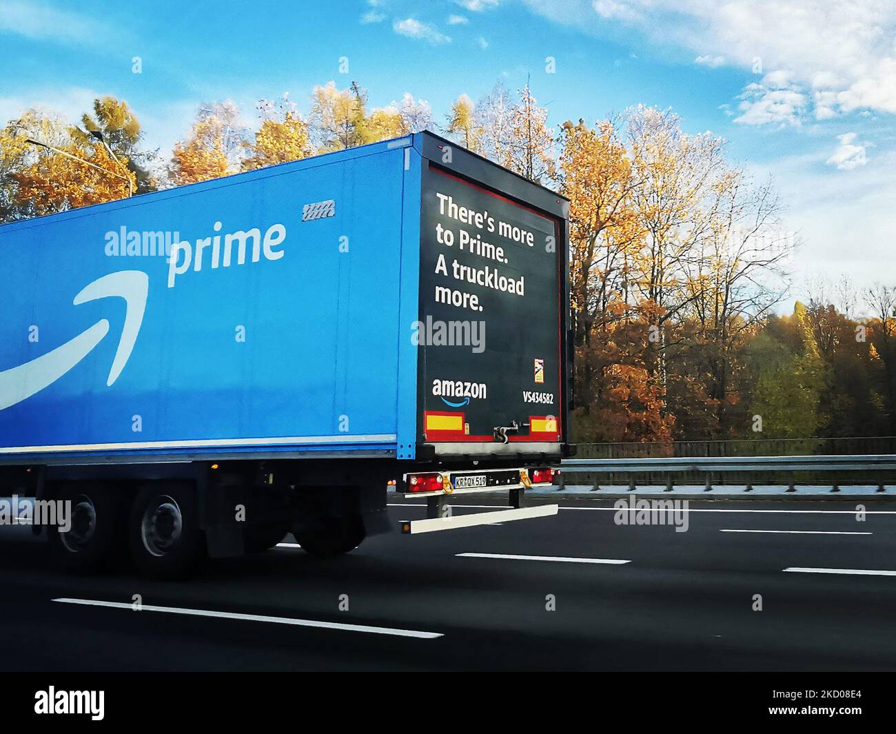 Amazon Prime delivery truck is photographed at A4 highway near Katowice
