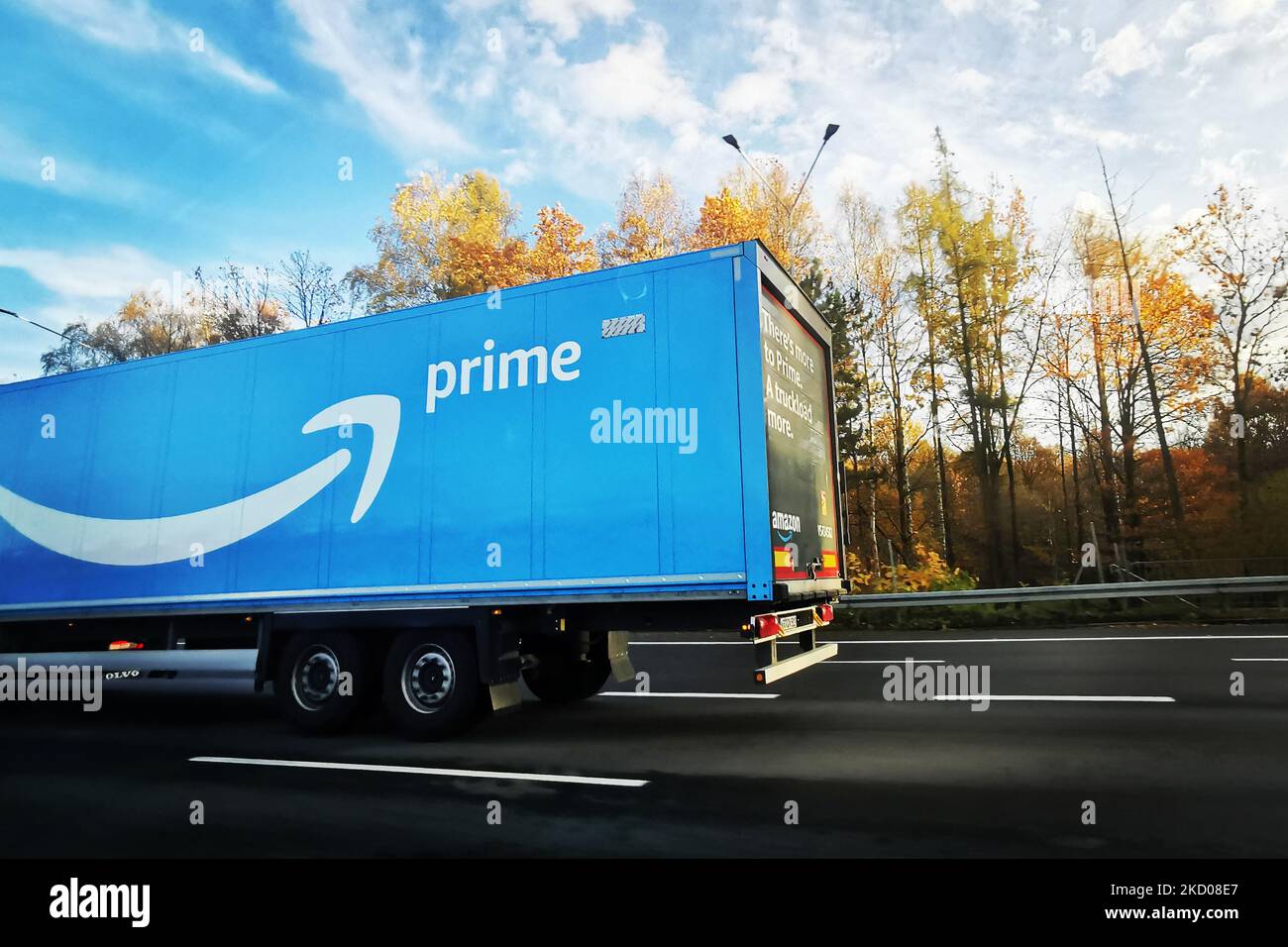 Amazon Prime delivery truck is photographed at A4 highway near Katowice