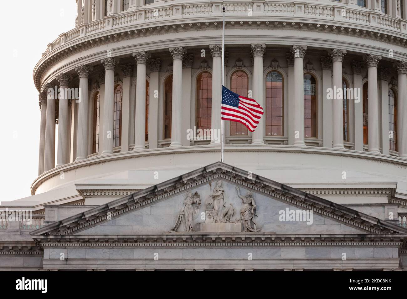 The flag on the east front of the US Capitol flies at half-staff in honor of former Senator Harry Reid, as he lies in state in teh rotunda. Reid was a Nevada Democrat who served in the House of Representatives from 1983-1987. He was a Senator from 1987-2017, and alternately served as Senate Majority and Minority leader from 2005-2017. (Photo by Allison Bailey/NurPhoto) Stock Photo