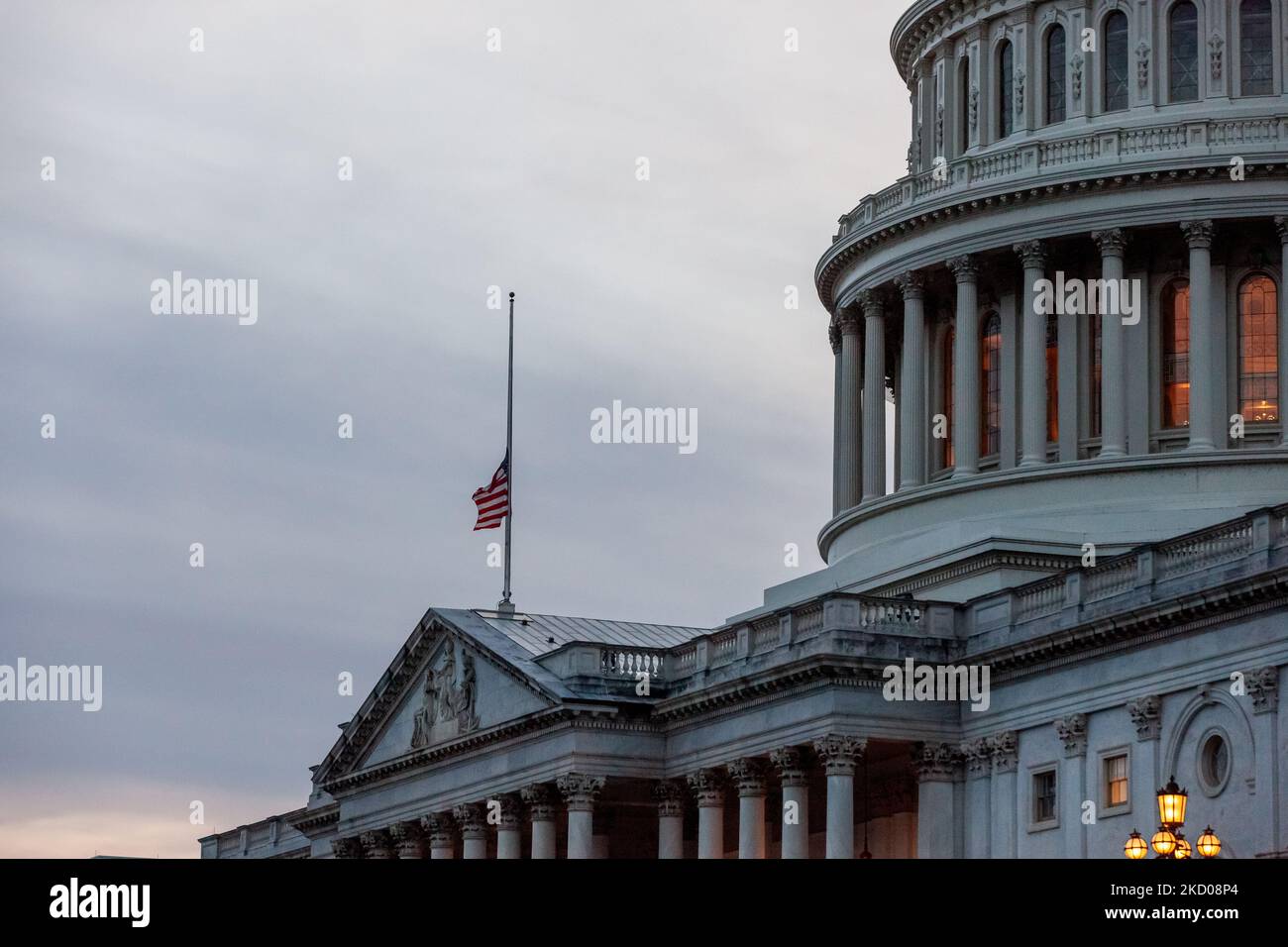 The flag on the east front of the US Capitol flies at half-staff in honor of former Senator Harry Reid, following the departure of his remains from the Capitol. Reid was a Nevada Democrat who served in the House of Representatives from 1983-1987. He was a Senator from 1987-2017, and alternately served as Senate Majority and Minority leader from 2005-2017. (Photo by Allison Bailey/NurPhoto) Stock Photo