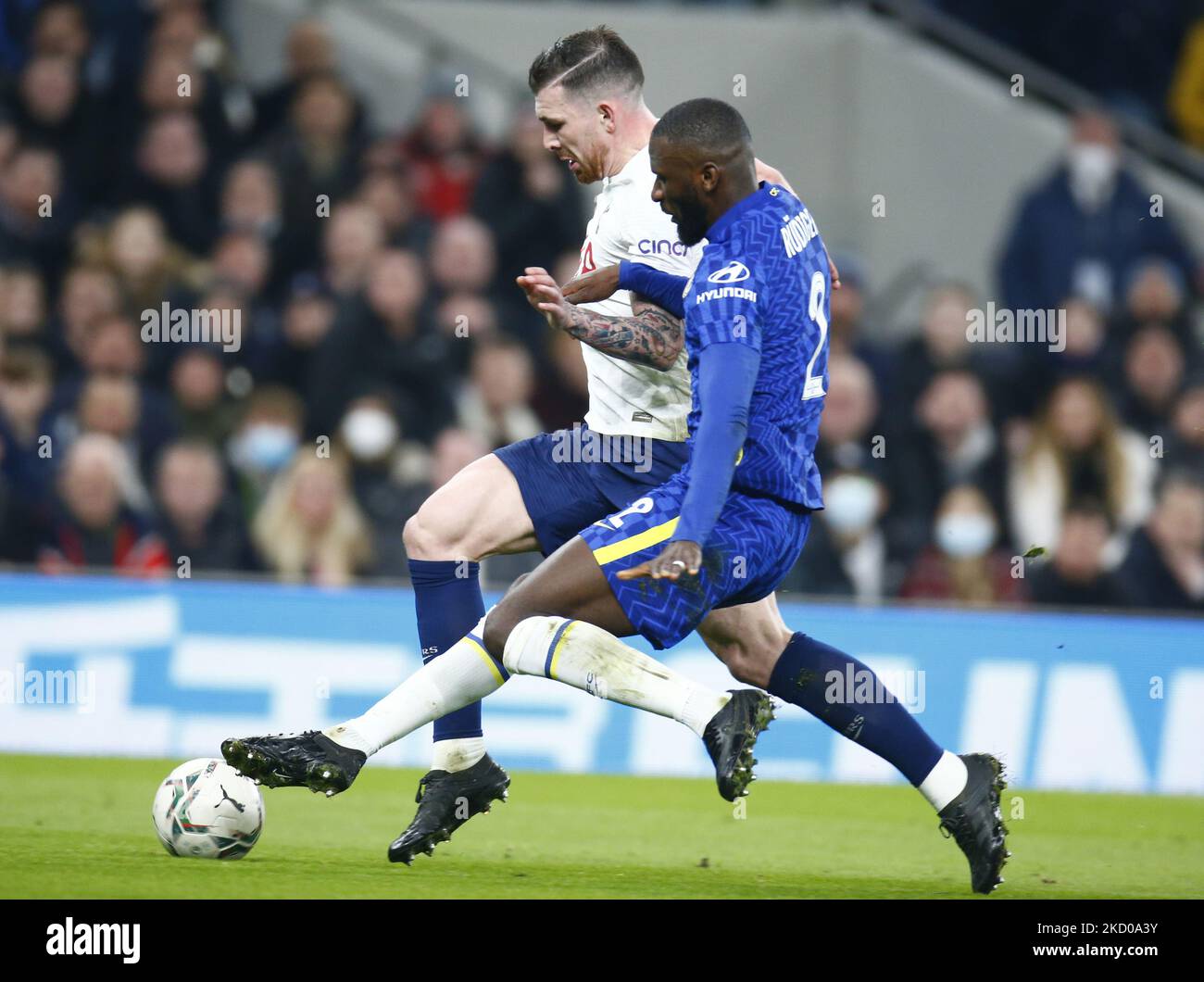 Tottenham Hotspur's Pierre-Emile Hojbjerg gets tackled by Chelsea's Antonio Rudiger during Carabao Cup Semi-Final 2nd Leg between Tottenham Hotspur and Chelsea at Tottenham Hotspur stadium , London, England on 12th December 2022 (Photo by Action Foto Sport/NurPhoto) Stock Photo