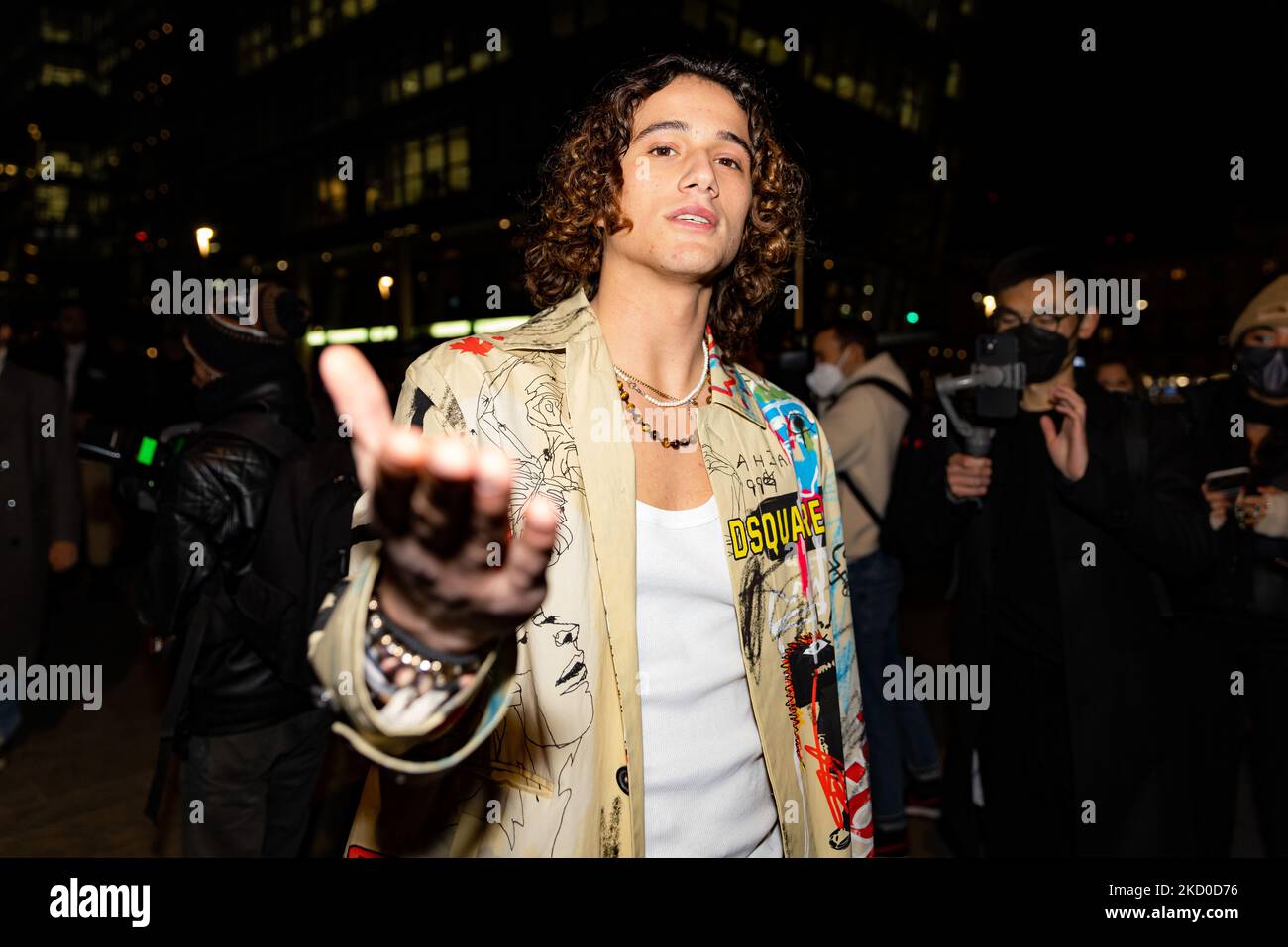 Tommaso Donadoni attends the Dsquared2 Fashion Show during the Milan Men's Fashion Week - Fall/Winter 2022/2023 on January 14, 2022 in Milan, Italy. (Photo by Alessandro Bremec/NurPhoto) Stock Photo