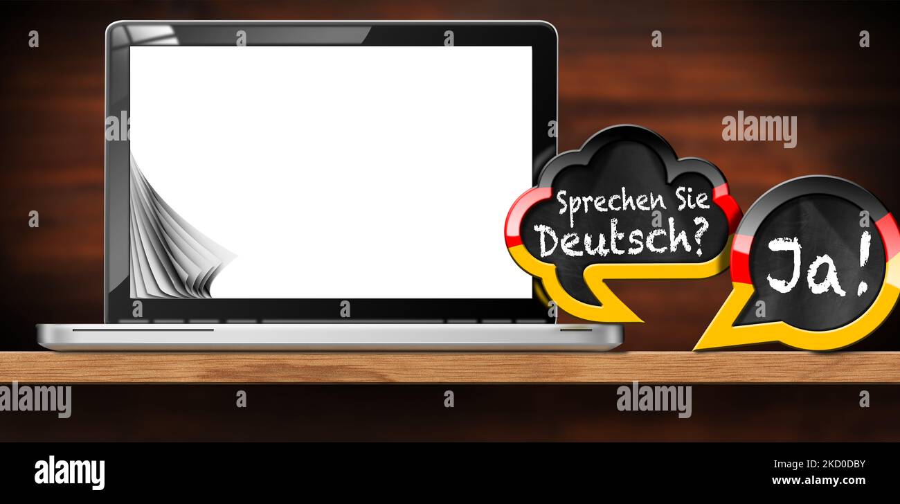 German language lesson. Two speech bubbles with German flag, question