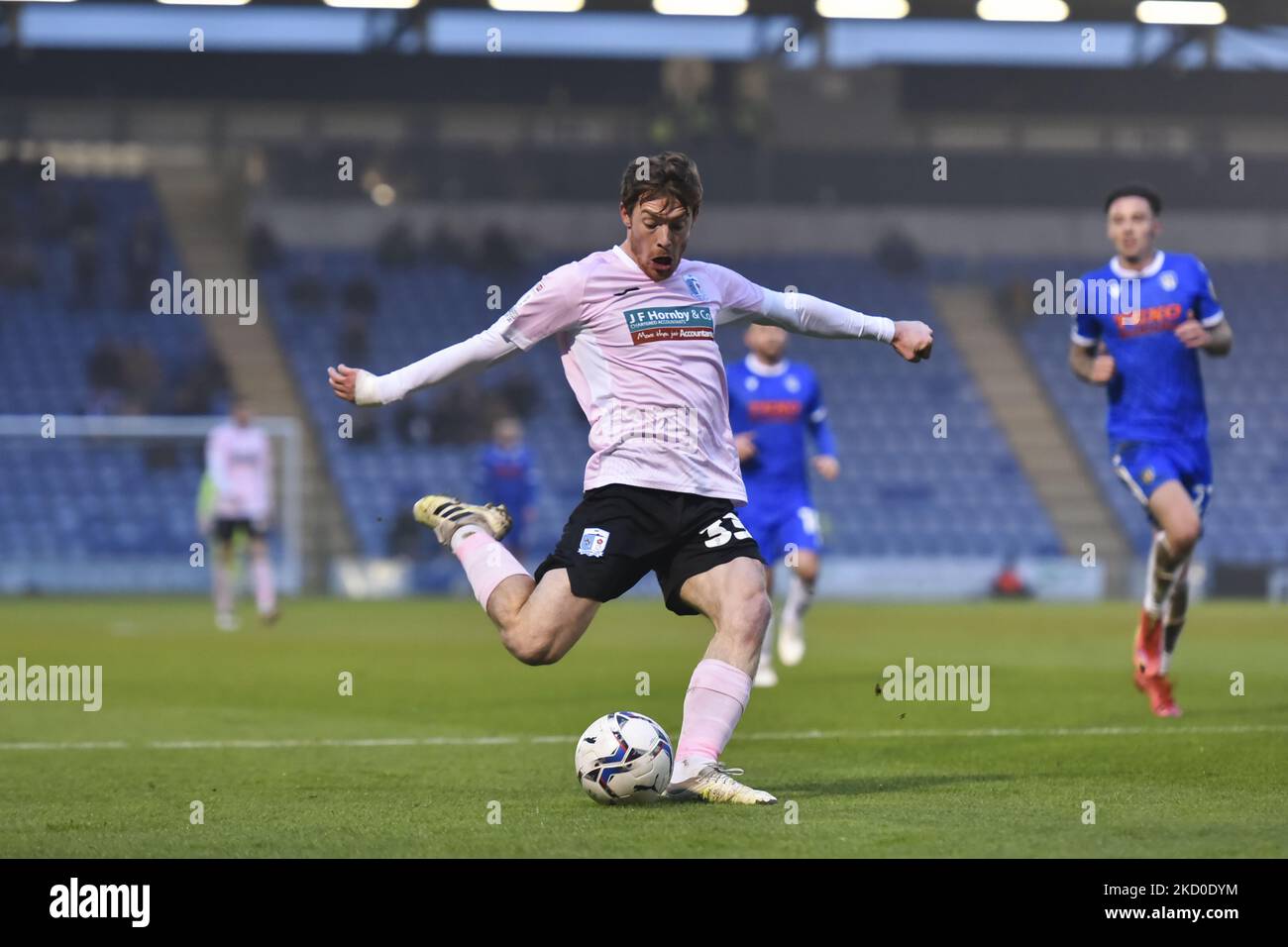 Luke James of Barrow shoots at goal during the Sky Bet League 2 match between Colchester United and Barrow at the JobServe Community Stadium, Colchester on Saturday 15th January 2022. (Photo by Ivan Yordanov/MI News/NurPhoto) Stock Photo