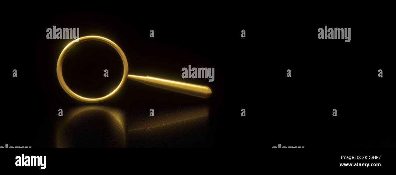 gold magnifier over black background, 3d render, panoramic layout Stock