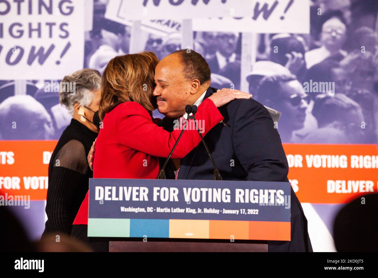 Martin Luther King III greets Speaker of the House Nancy Pelosi (D-CA) during a press conference on voting rights hosted by the Deliver for Voting Rights coalition. The conference features the King family, civil rights leaders, members of Congress, and representatives of partner organizations. The King family asked Americans not to celebrate the birthday of MLK Jr. if the Senate had not yet passed legislation to protect voting rights, but to call their Senators to demand they pass voting rights guarantees. The Senate is expected to vote later in the week on the Freedom to Vote and John Lewis V Stock Photo