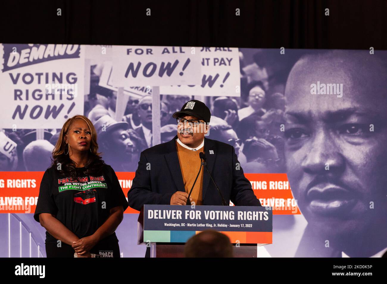 LaTosha Brown and Cliff Albright, co-founders of Black Voters Matter, speak during a press conference on voting rights hosted by the Deliver for Voting Rights coalition. The conference features the King family, civil rights leaders, members of Congress, and representatives of partner organizations. The King family asked Americans not to celebrate the birthday of MLK Jr. if the Senate had not yet passed legislation to protect voting rights, but to call their Senators to demand they pass voting rights guarantees. The Senate is expected to vote later in the week on the Freedom to Vote and John Le Stock Photo