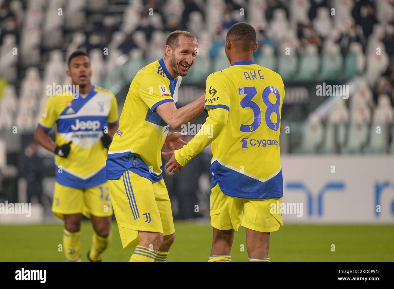 Giorgio Chiellini of Juventus FC celebrates whit Marley Ake of Juventus FC after Marley Are has won a penalty during the Coppa Italia Football match between Juventus FC and UC Sampdoria at Allianz Stadium, on 18 January 2022 in Turin, Italy (Photo by Alberto Gandolfo/NurPhoto) Stock Photo