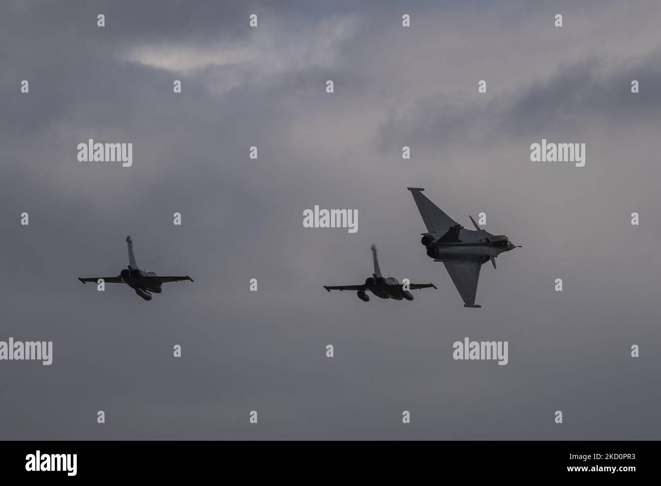 Rafale fighter jets perform a flyover in Tanagra Air Force base, north ...