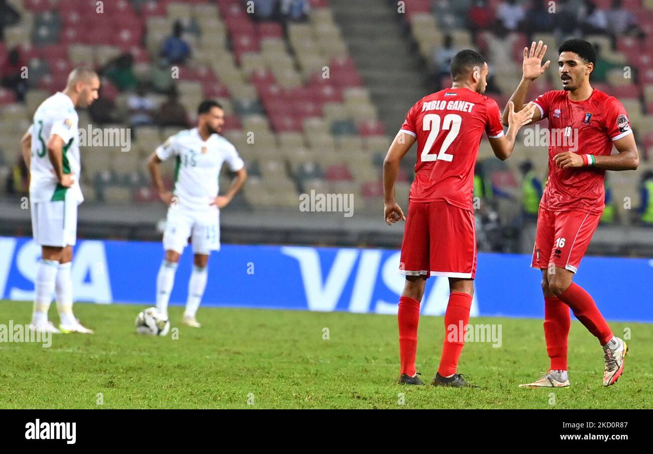 Equatorial Guinea players celebrate after the match between Algeria during the Africa Cup of Nations (CAN) 2021 Group E football match between Algeria and Equatorial Guinea at Japoma Stadium in Douala on January 16, 2022 (Photo by APP/NurPhoto) Stock Photo