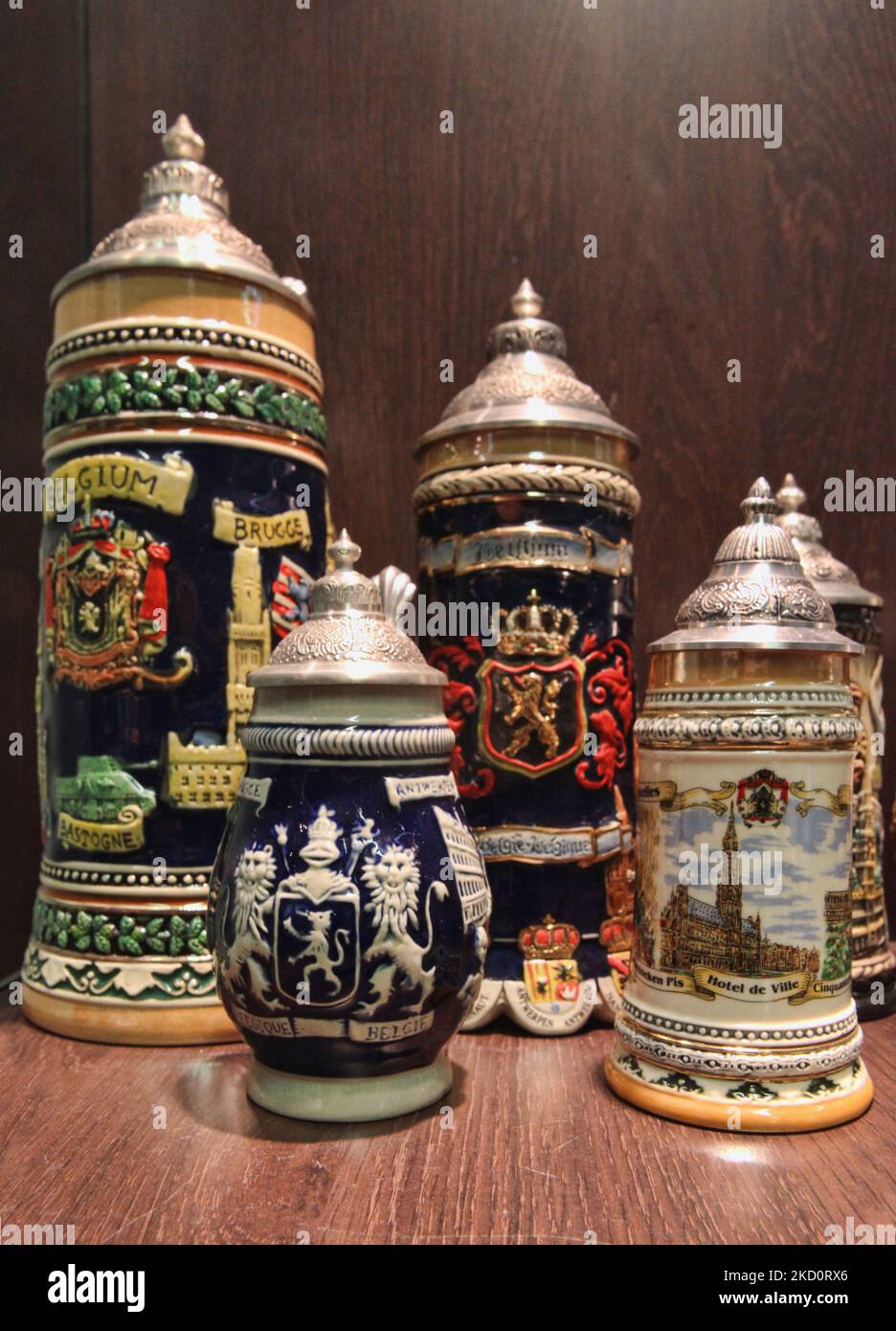 Decorative beer steins on display in Brussels, Belgium, Europe. (Photo