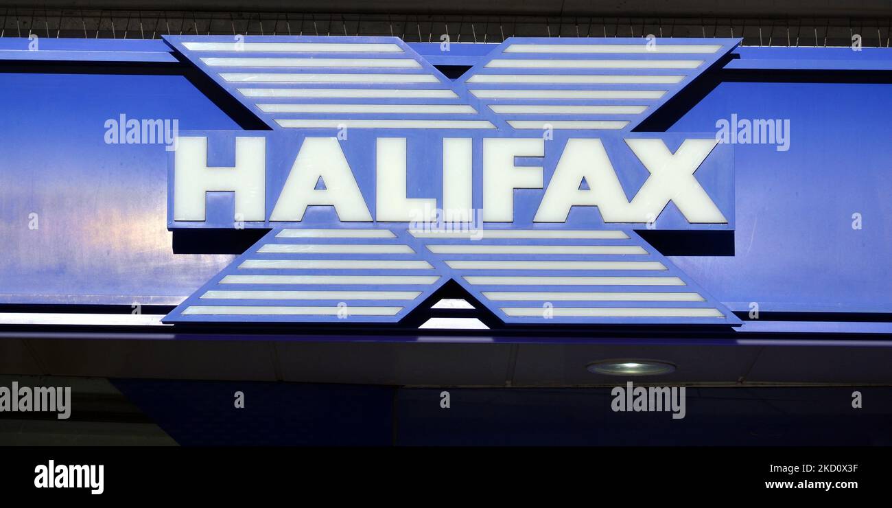 Exterior sign of Halifax bank in Piccadilly, central Manchester, UK