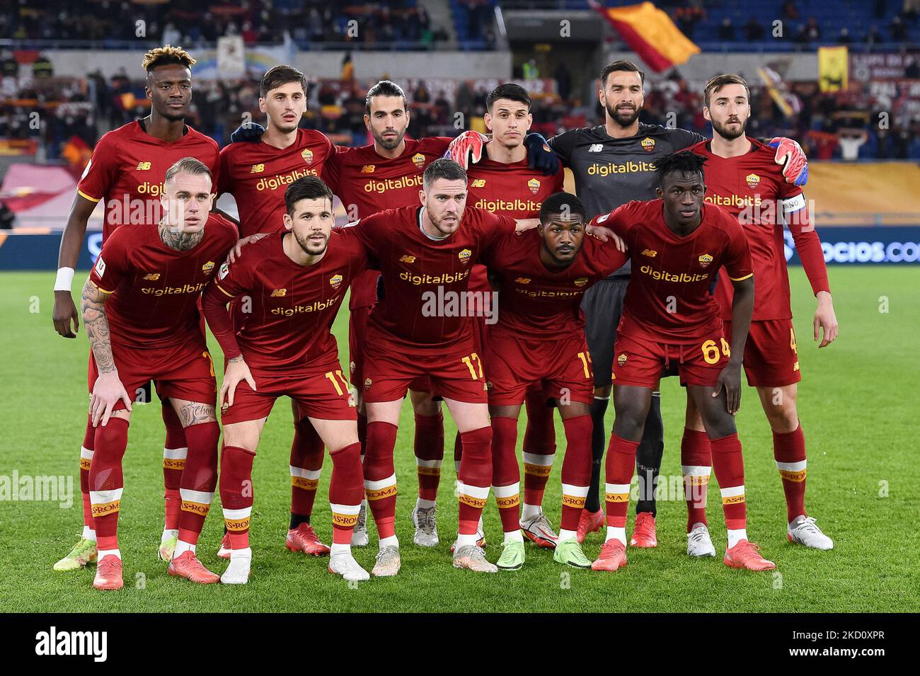 Players of AS Roma pose for the team shot during the Italian Cup match ...