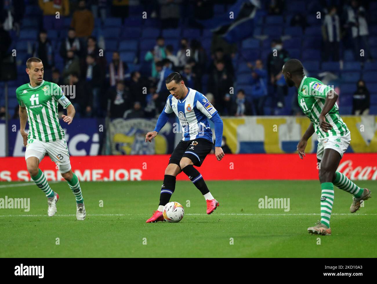 Sergio Canales, Raul de Tomas and Youssouf Sabaly during the match between RCD Espanyol and Real Betis Balompie, corresponding to the week 22 of the Liga Santander, played at the RCDE Stadium, in Barcelona, on 21th January 2022. -- (Photo by Urbanandsport/NurPhoto) Stock Photo