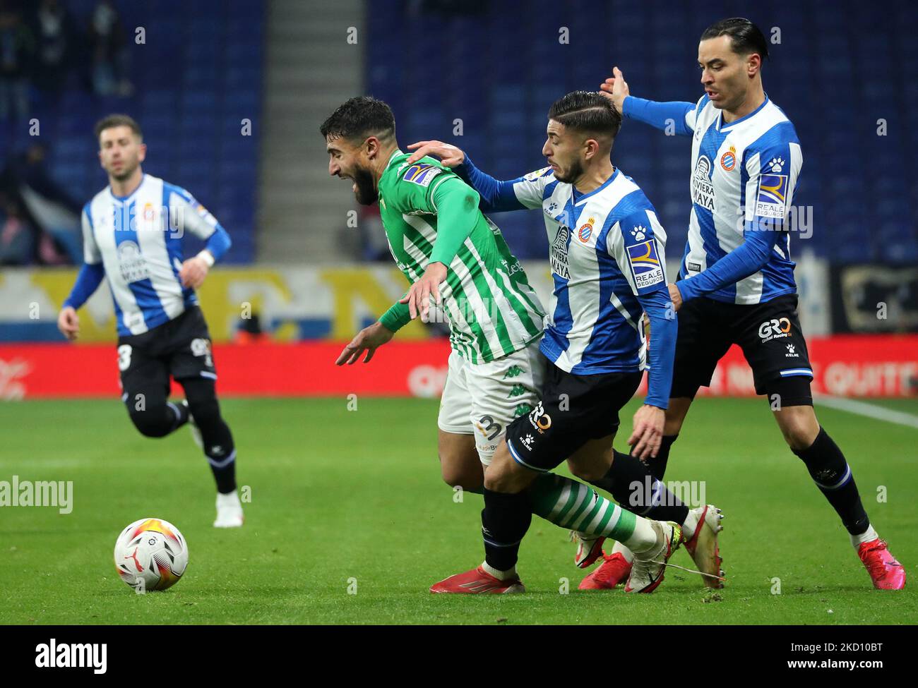 Oscar Gil, Raul de Tomas and Nabil Fekir during the match between RCD Espanyol and Real Betis Balompie, corresponding to the week 22 of the Liga Santander, played at the RCDE Stadium, in Barcelona, on 21th January 2022. -- (Photo by Urbanandsport/NurPhoto) Stock Photo