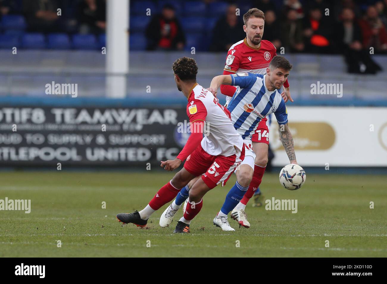 Hartlepool United's Gavan Holohan in action with Stevenage's Terence Vancooten during the Sky Bet League 2 match between Hartlepool United and Stevenage at Victoria Park, Hartlepool on Saturday 22nd January 2022. (Photo by Mark Fletcher/MI News/NurPhoto) Stock Photo