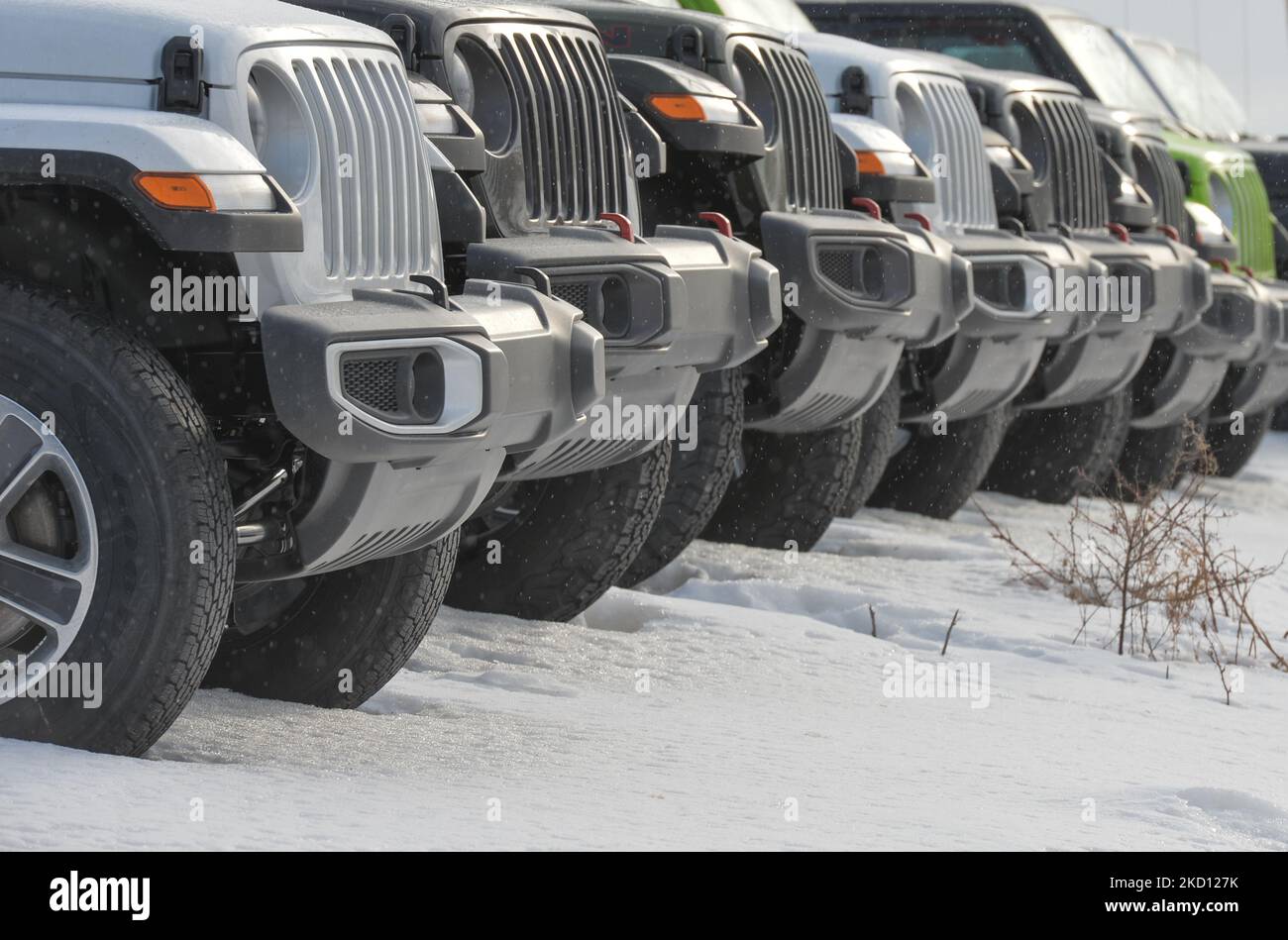 A line of Jeep vehicles outside a Jeep dealership in South Edmonton. On