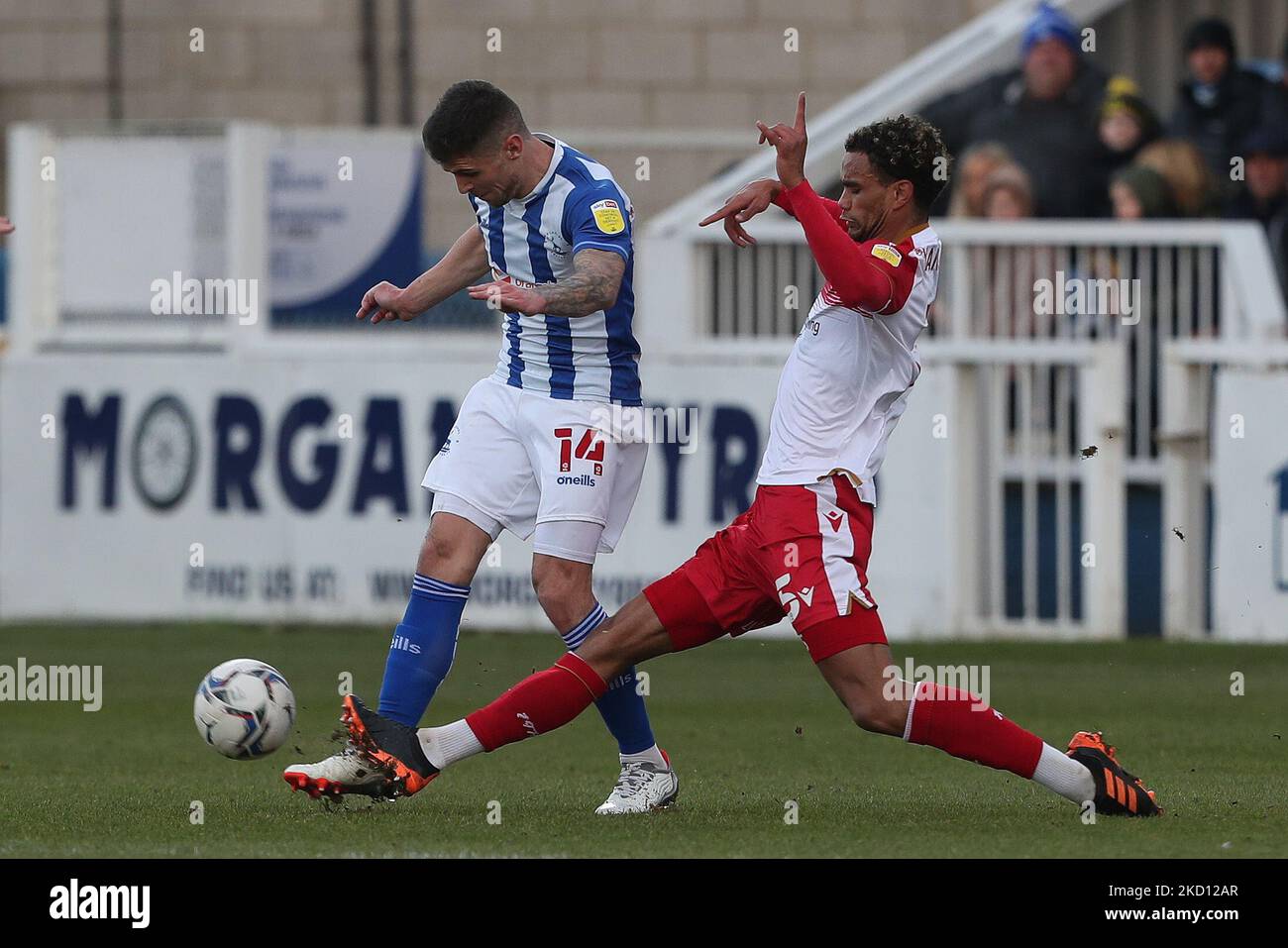 Gavan Holohan of Hartlepool United in action with Stevenage's Terence Vancooten during the Sky Bet League 2 match between Hartlepool United and Stevenage at Victoria Park, Hartlepool on Saturday 22nd January 2022. (Photo by Mark Fletcher/MI News/NurPhoto) Stock Photo