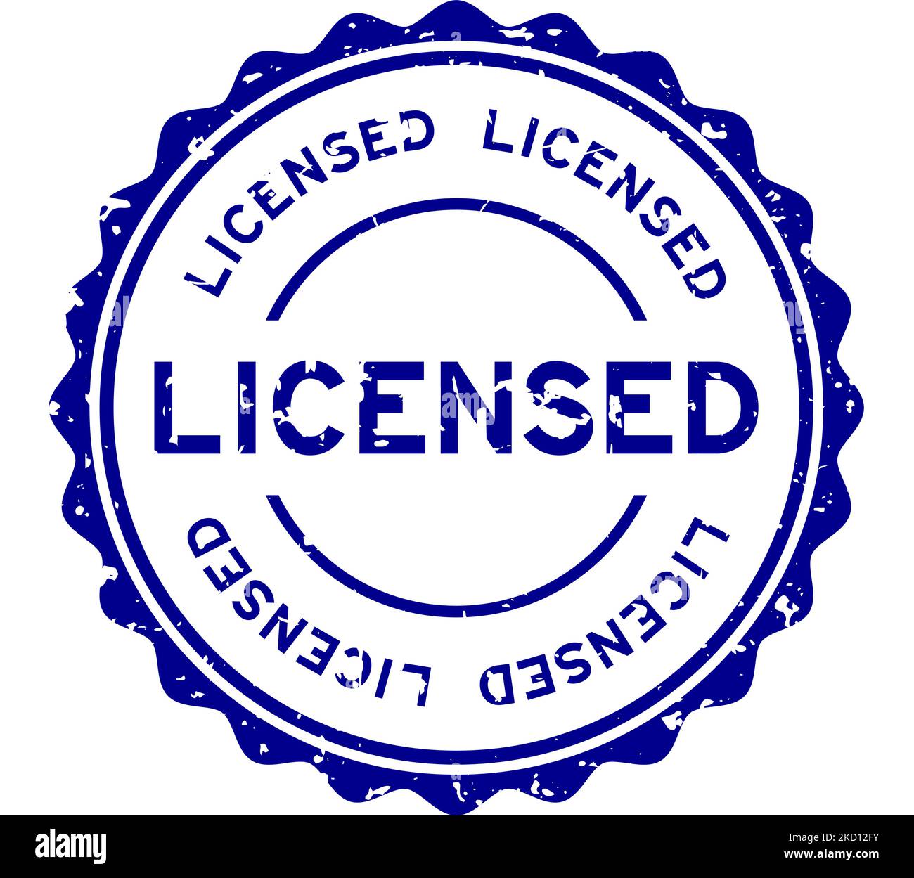 Grunge blue licensed word round rubber seal stamp on white background ...