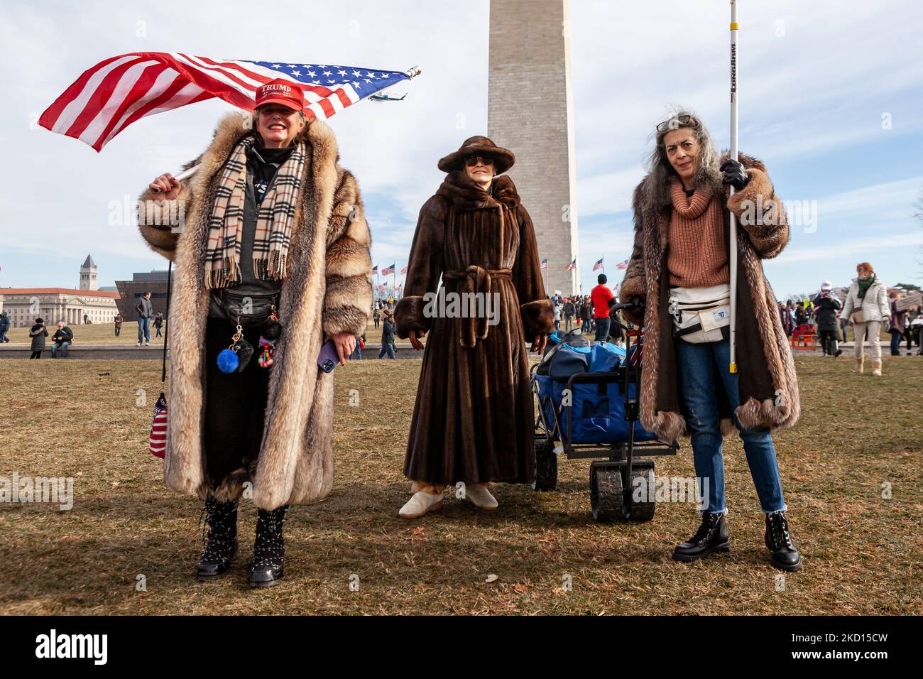Trump supporters in full length fur coats attend the Defeat the Mandates rally and march in Washington, DC. Organizers and attendees claim that vaccines and mask-wearing should be a personal choice, without regard to public health. The event was billed as a protest against vaccine and mask mandates used to stop the spread of the coronavirus by all Americans, but the crowd overwhelmingly leans right. 20,000 people are expected for the event. (Photo by Allison Bailey/NurPhoto) Stock Photo
