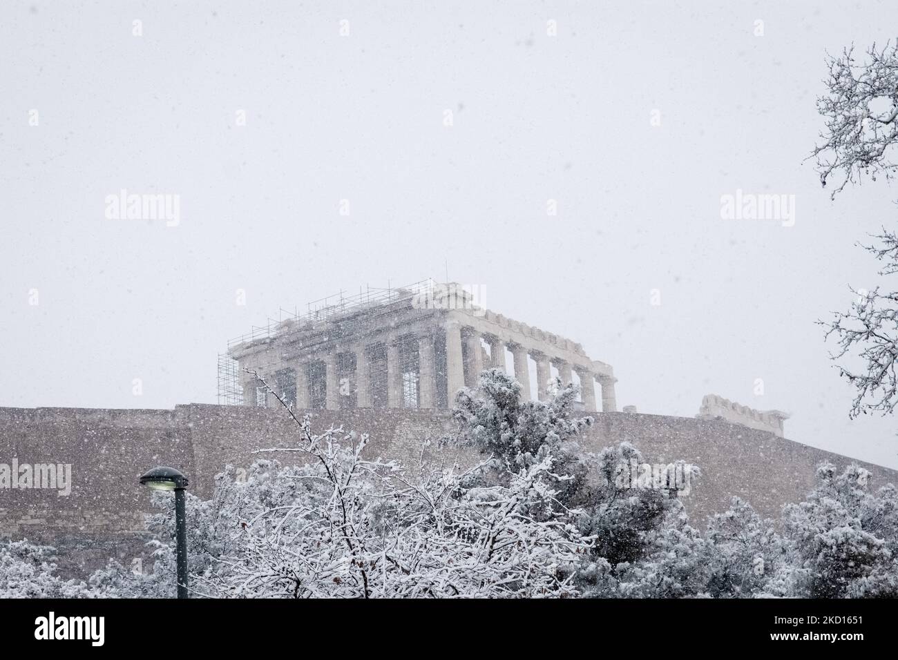 A general view of Acropolis during snowfall named 'Elpida' in the ...